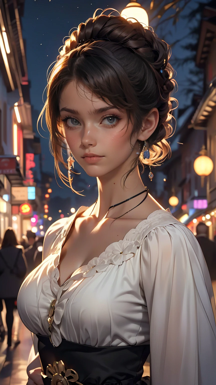masterpiece, highest quality, Miranda, (Half Body Shot,Street lamp,moon),masterpiece, One girl, Solo Exhibitions, Beautiful woman on a busy street, Surrounded by peddlers, Beautiful Goddess Girl Portrait, Beautiful and elaborate face, Porcelain-like skin, (((Bust Shot, center, night, Black Hair, short hair)), Very soft lighting, Symmetric, complicated, grace, Attention to detail, realism, art, concept art,