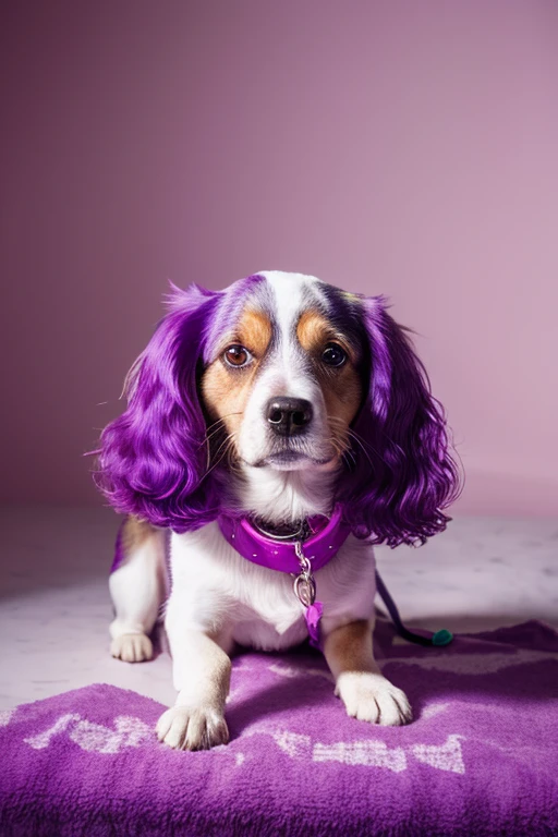 8K, a dog, purple hair, no background, stamp, long shot, wide-angle lens, Light_Fuchsia