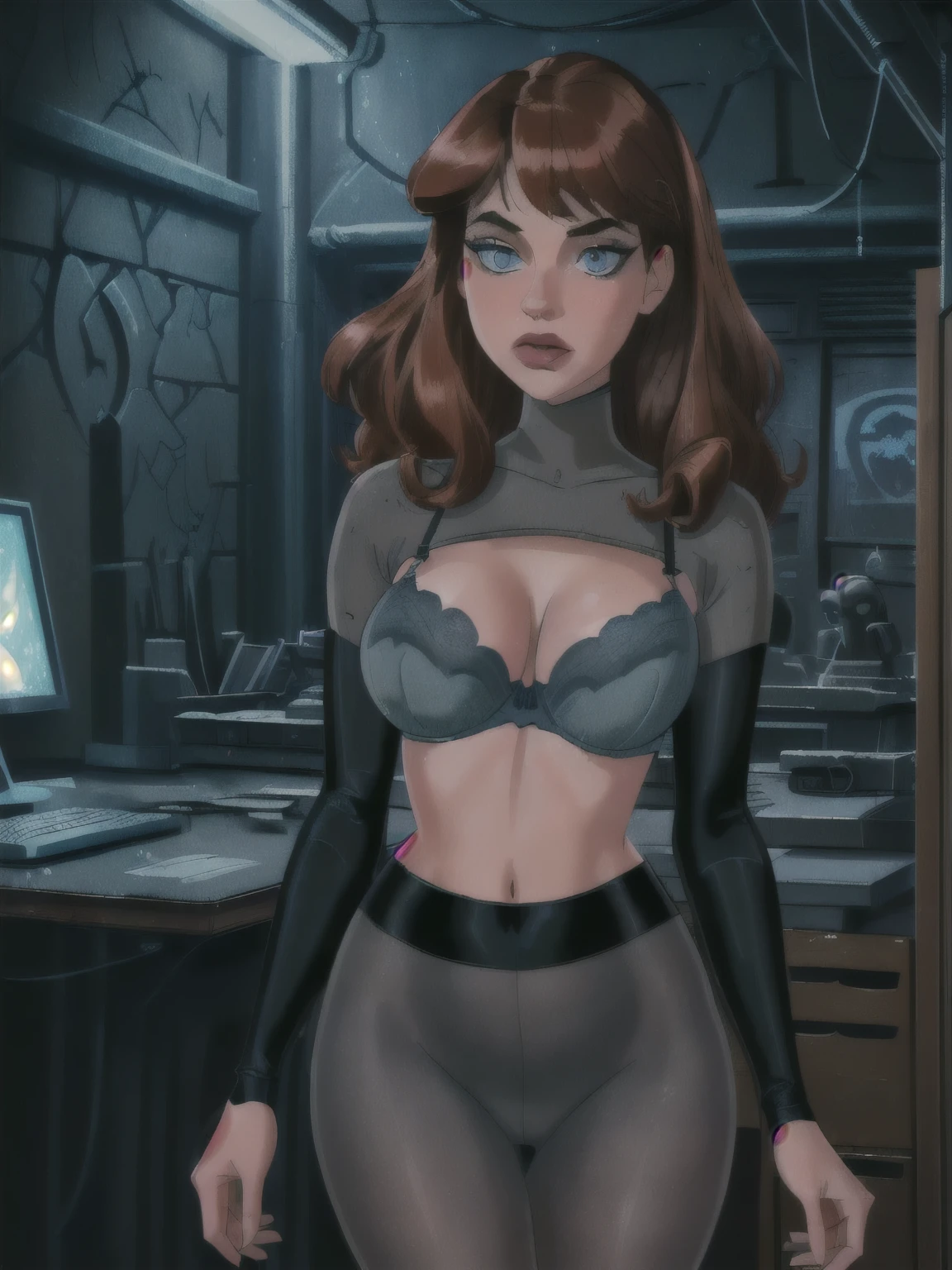 (a girl working with computers in batcave,( red long curly hair),beautiful icy blue eyes,beautiful detailed lips,beautiful face,long eyelashes, best quality,highres,ultra-detailed,realistic,dark castle vibes,Professional photographer shot, (grey  sponge bra ) , (  black pantyhose ) fat thighs