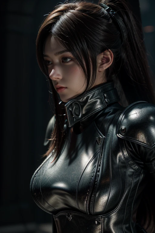 最high quality, masterpiece, PHALTER, shrine, 1 girl, alone, Dark Weapon, dark armor dress, show viewer, Dark Weaponを装備, dark colored gloves, hair between eyes, black dress, chest plate, black armor, side lock, bangs, french braid, parted lips, plump sleeves, long sleeve, short hair, destiny, Jeanne, (Aschenhardt style:1.4), masterpiece, 最high quality, high quality,(With a dark red glow and red eyes、darknessに囲まれた暗い形のない生き物:1.2), (in profile), (darkness:1.2), abstraction, deep sea, award winning photography, written boundary depth, HDR, very detailed, art station trends, Trending on CGsociety, complicated, high detail,(masterpiece:1.2、最high quality)、(best lighting、very delicate and beautiful)、(best lighting、very delicate and beautiful)、(beautiful and detailed face)