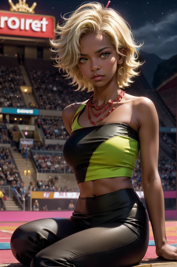 arslanaltan, 1girl, blonde hair, short hair, green eyes, dark skin, brown skin, hair ornament, t-shirt, bare shoulders, yoga pants, necklace, (Masterpiece, Best Quality, Highres:1.2), Detailed, Intricate Details, 4K, solo, cowboy shot, high rating, sitting, in stadium neon signs, crowd, night, stars,  closed mouth, serious look, serious expression, looking at viewer,