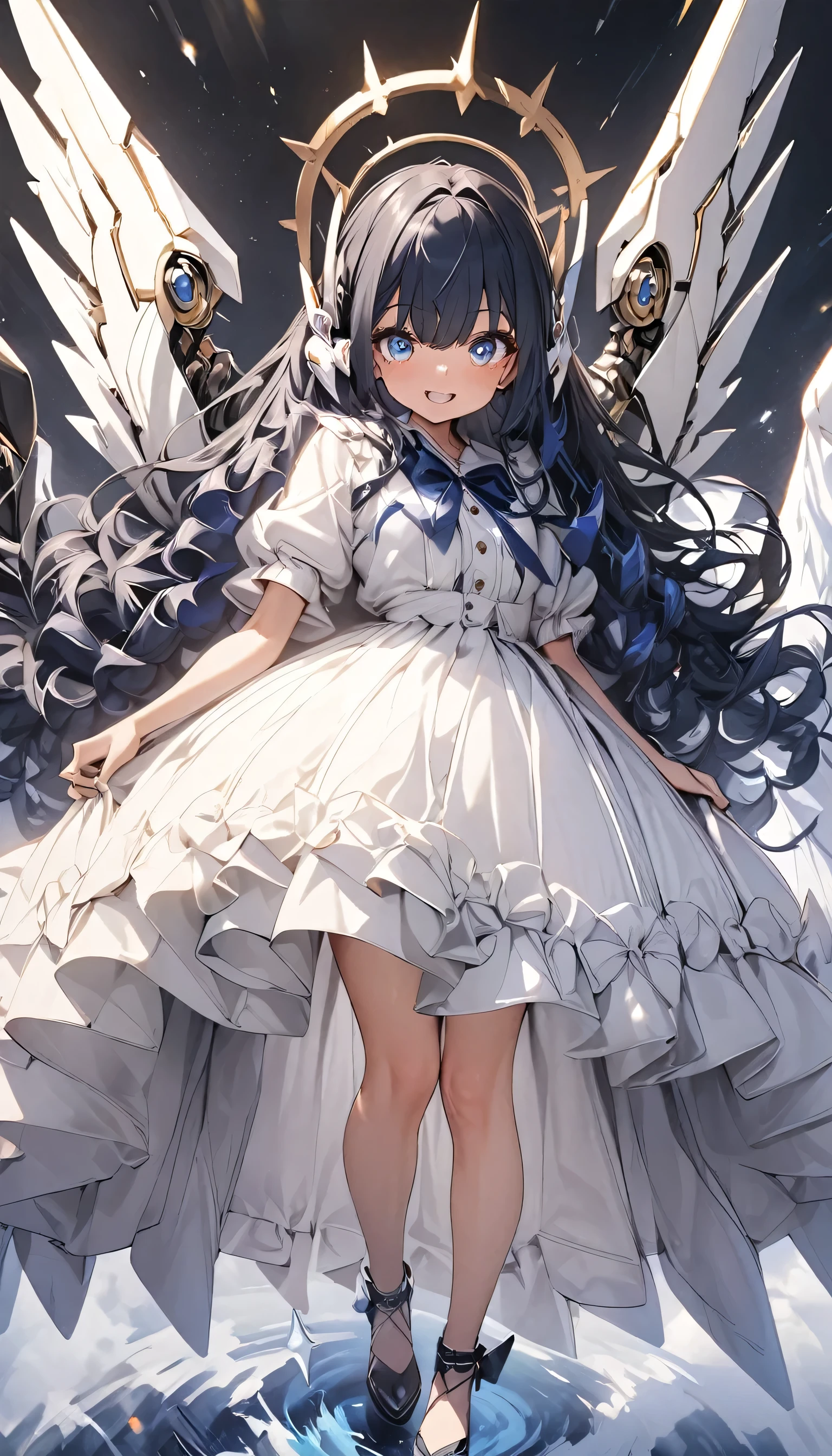 masterpiece, best quality, extremely detailed, high resolution, Japanese anime,1girl, navy blue hair, (medium length hair:1.4), wavy hair, mechanical wing, (blue eyes:1.5), (beautiful detailed eyes:1.4), laugh, 130cm tall, original character, fantasy, (black background:1.2), (full body:1.8), beautiful fingers, standing, (black White lace frill dress:1.5), (headgear:1.5) , shoot from front, looking at viewer