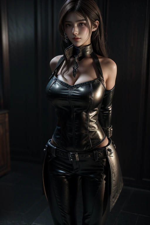 Game Art，Best image quality，Highest Resolution，8k，(Bust photo)，(Portraiture)，(Head close-up)，(Three-part method)，Unreal Engine 5 rendering， (Future Girl)，(Woman warrior)， Put your hands behind your back、Put your hands behind your back、Hands tied behind back、whole body、
20-year-old girl，((Hunter))，Eye for detail，(Big Breasts)，Elegant and noble，Indifference，Brave，Torn clothes、Defeated heroine、slave、first round、
（Medieval fur battle suit，Glowing magic lines，Detailed animal skin clothing for a medieval female knight，Medieval Ranger，
Photo pose，Simple Background，Cinema Lighting，Ray Tracing，Game CG，((3D Unreal Engine))，OC Rendering Reflective Pattern