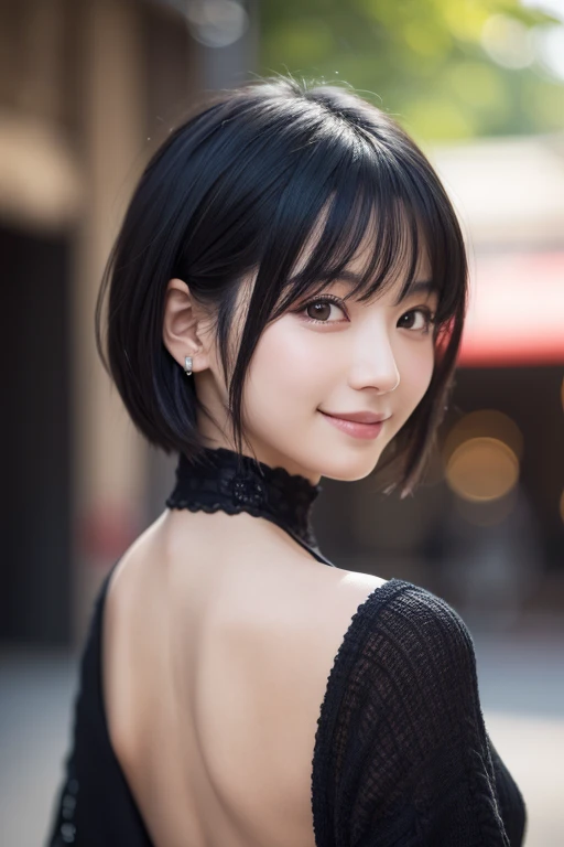 Beauty, black hair, short hair, anime, depth of field, from behind, UHD, masterpiece, best quality, high details, textured skin, ccurate, super detail,smile