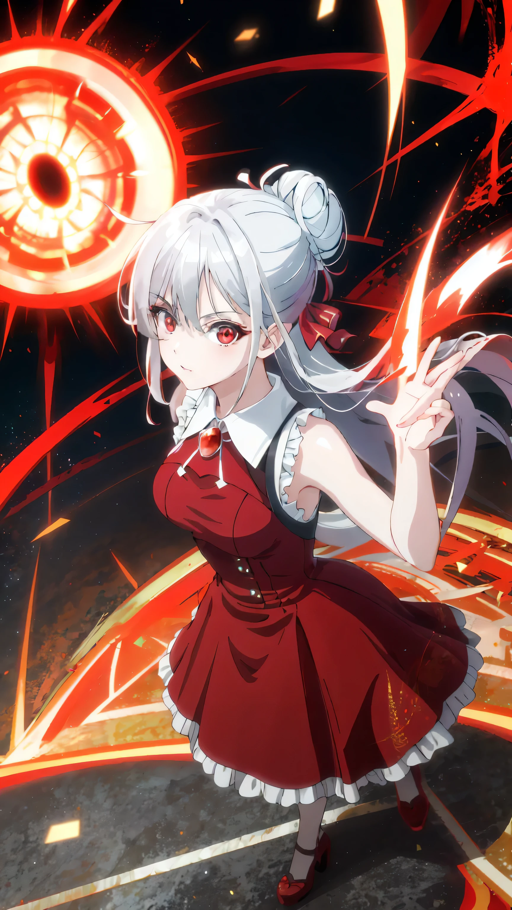 surreal, (masterpiece:1.2), 8k, (highest quality:0.6),high accuracy, beautiful face, anime girl, sliver hair, (bun hair:1), red eye, wear red dress, (standing in the city:0.2),full body, (Mouth open:0.9), morden