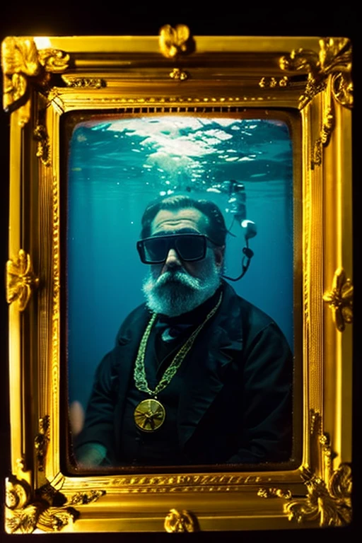 8K, old man, necklace, under the sea, 1800s, front view, daguerreotype, Goldenrod