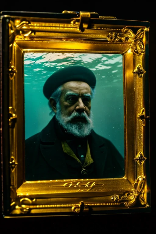8K, old man, necklace, under the sea, 1800s, front view, daguerreotype, Goldenrod