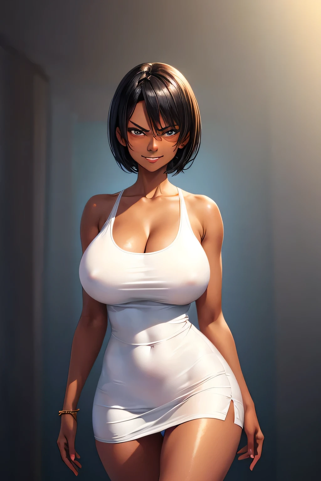 short black hair, tall, shiny skin, glossy skin, huge breasts, fit, dark skin, very dark skin, very long legs , cameltoe, angry smile, tight short white dress