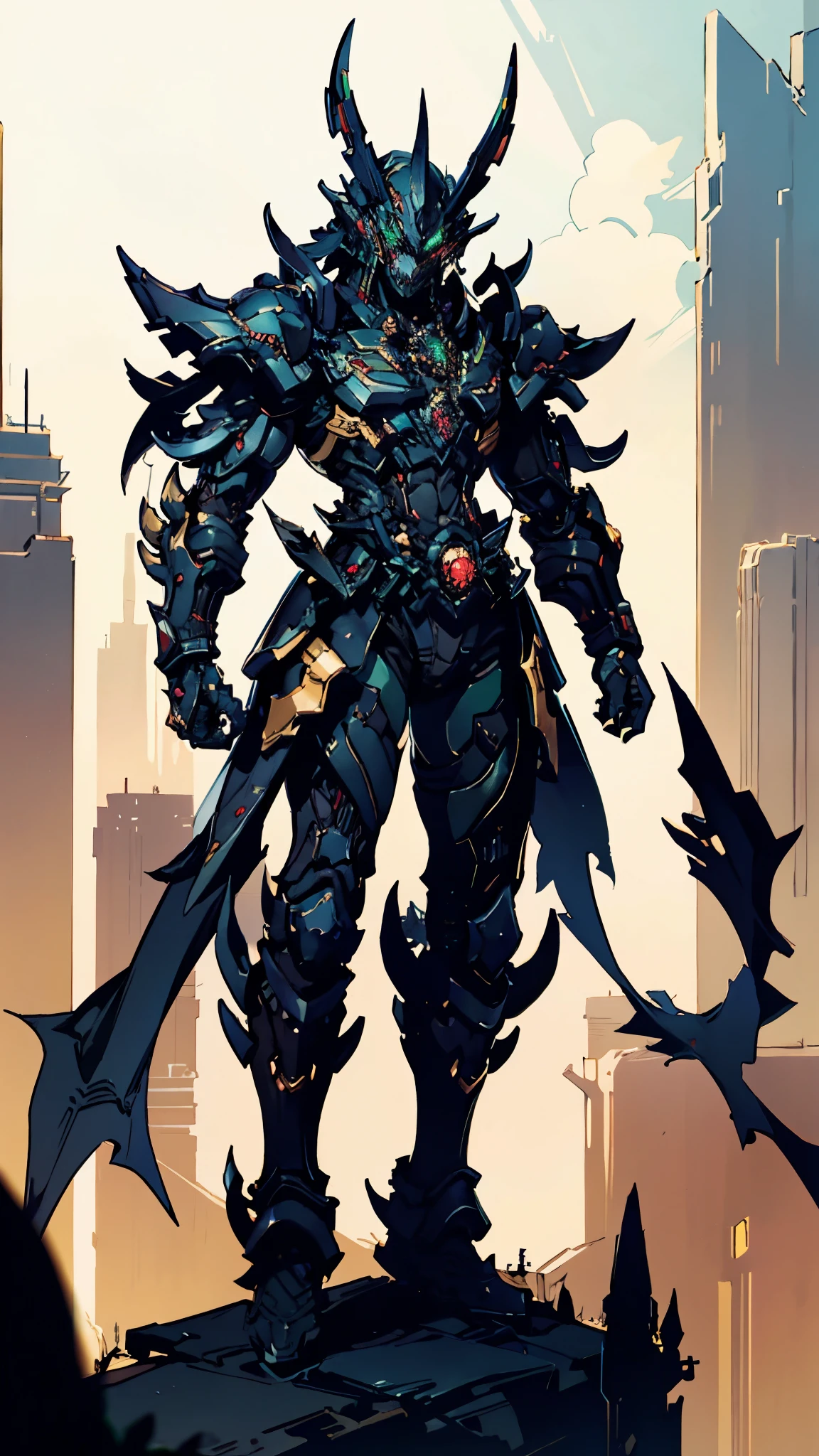 A man wearing a full-face helmet, a fantasy-style biotech armored combat suit, green eyes, (a composite layered chest armor), fully enclosed shoulder guards, matching arm and leg guards, the belt is adorned with fangs biting into orbs, (the color scheme is primarily black with red accents), the design balances heavy with agility, a high-tech bio-mecha armor, (Bat concept Armor, stand on the top of a skyscraper in a futuristic sci-fi city), this character embodies a finely crafted fantasy-surreal style armored hero in anime style, exquisite and mature manga art style, (element, plasma, energy, the armor glows), ((male:1.5)), metallic, real texture material, dramatic, high definition, best quality, highres, ultra-detailed, ultra-fine painting, extremely delicate, professional, perfect body proportions, golden ratio, anatomically correct, symmetrical face, extremely detailed eyes and face, high quality eyes, creativity, RAW photo, UHD, 32k, Natural light, cinematic lighting, masterpiece-anatomy-perfect, masterpiece:1.5