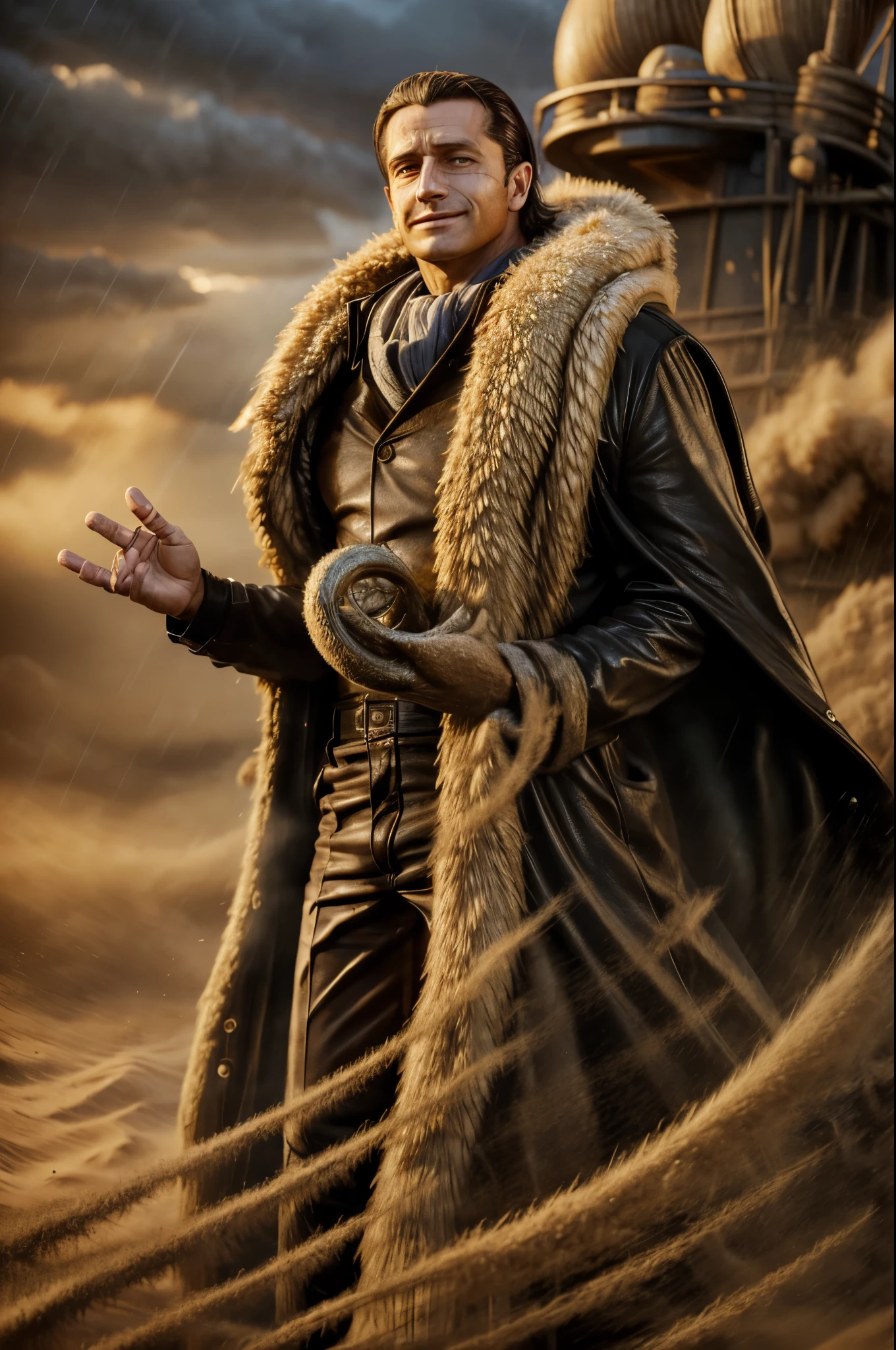 masterpiece, best quality, extremely detailed, hyperrealistic, photorealistic, a cool 40s man, ultra detailed face:1.2, fur-trimmed coat, scarf around the neck, his left hand is a golden pirate hook:1.1, cigar
