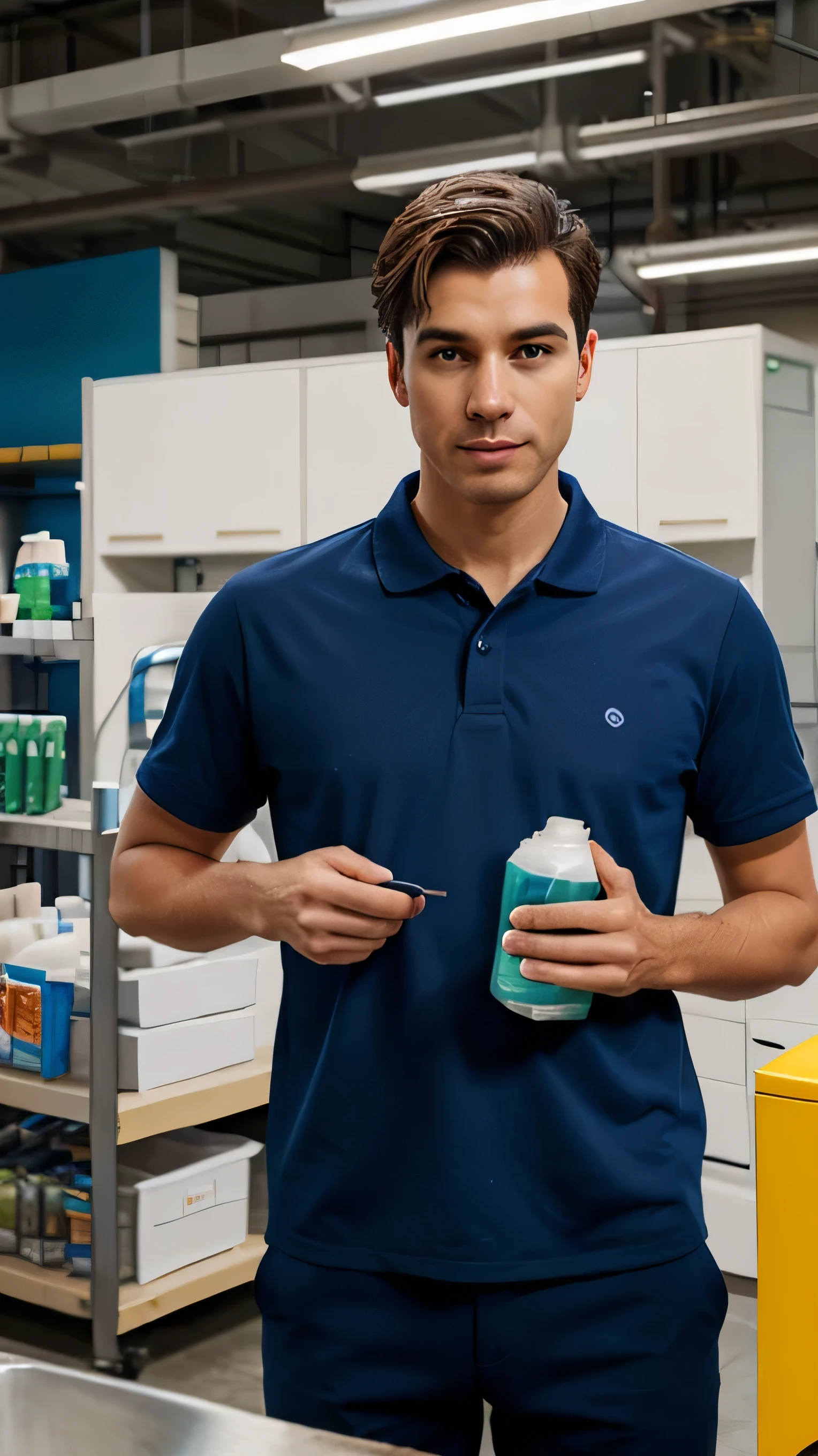 create a male worker from a hygiene products company in an industry, with dark blue uniforms and green details, without a logo