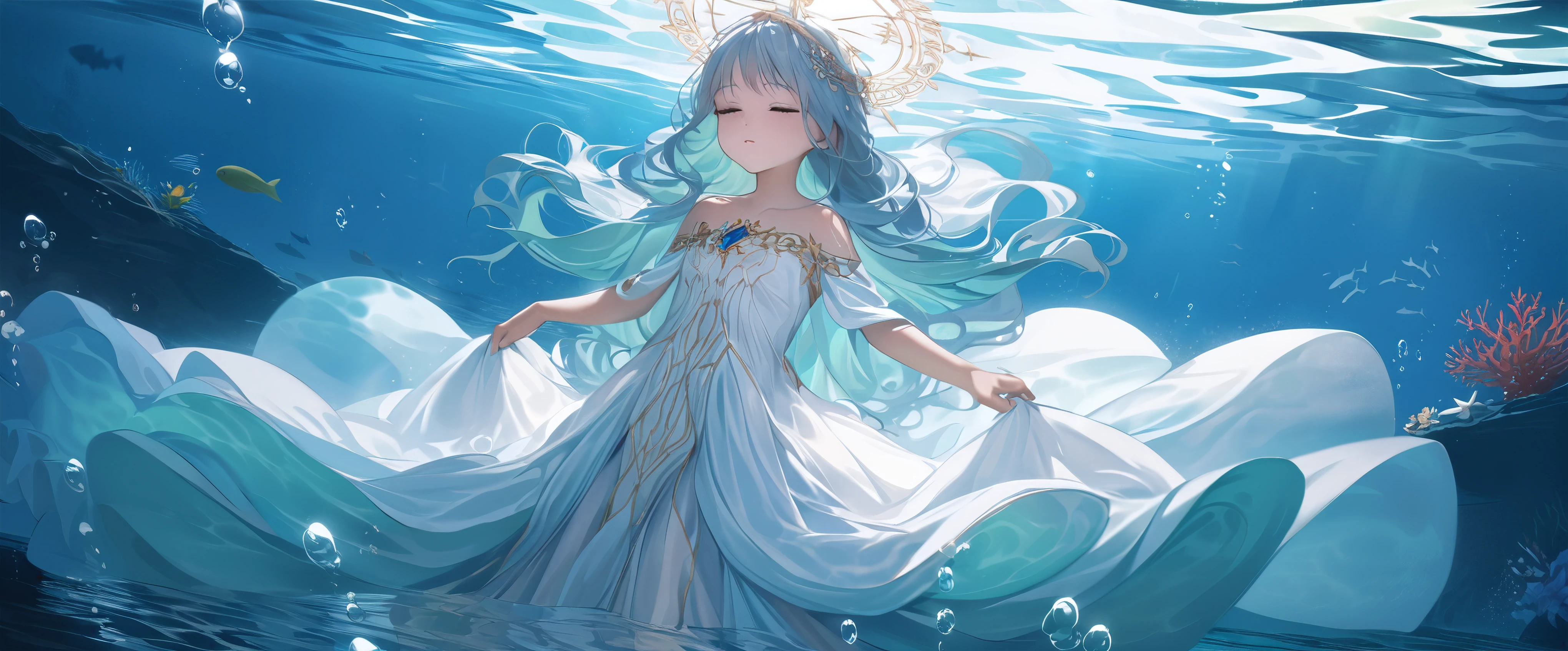 (Dramatic angle,Dynamic angle), (best quality,4k,8k,highres,masterpiece:1.2), (A 7 year old girl:1.2), (Very young ), (alone), (small breasts), eyes closed, original photo, Atmospheric distance perception, Aesthetic, complex, won, cybernetic enhancement, chiaroscuro, best quality, Detailed background, (underwater atmosphere:1.2), (girl wearing white very long silk dress:1.2),Beneath the surface, the little girlrns serene, her bare feet no longer touching the sandy floor. Her gown, a canvas of white, billows around her like a cloud, the skirt expanding in an underwater ballet. Each layer of the dress' skirt, light as gossamer, flutters with the subtle currents, creating a silent, slow-motion spectacle,The fabric, once structured by the air, now undulates with the water's caress, its folds and flounces taking on a life of their own. The skirt's hem, once brushing against the beach, now sways with the rhythm of the aquatic realm, its edges rippling like the softest of waves. The dress, once a terrestrial adornment, has transformed into an aquatic masterpiece, its white a stark contrast to the deep blues and greens that surround it,As she sinks deeper, the dress' skirt envelops her in a cocoon of elegance, the delicate fabric floating around her like a halo of lace and tulle. Tiny bubbles escape from the dress's folds, adding a sparkling (embellishment) to the underwater scene. The light filtering through the water above casts a soft, ethereal glow through the translucent skirt, highlighting the intricate patterns of the fabric as it moves with the flow of the water.
Her hair, like a dark halo, fans out around her head, mingling with the floating strands of her dress, creating a vision of harmony between the girl and the aquatic environment. The little girl, a vision e and grace, becomes one with the water, her white dress a symbol of purity amidst the depths.