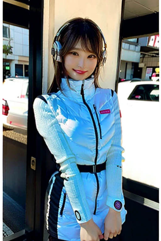 (8k、Raw photo、highest quality、masterpiece:1.2)、(Realistic、Photorealistic:1.37)、Ultra-detailed、超A high resolution、1 girl、Seeing the viewer、Beautifully detailed face、Laughter、narrow、(Narrow waist) :1.3)、((Red shirt outfit))、Beautifully detailed skin、Skin Texture、Floating Hair、((Tie your hair together))、Shapely large breasts、Professional Lighting、In front of the station at noon、Human whole body、Brown Hair、((The line is busy))、BREAK ((Detailed face, Professional photography)), Ultra-high resolution, (Realistic: 1.4), RAW Photos, highest quality, (PhotoRealistic Stick), concentrate, Soft Light,masterpiece, highest quality, Very detailed, 8K, BREAK (arms behind back):5,(arms up behind):1, (black sleeves):10,(black long tightfit sleeves) BREAK (headphone):10 (metallic gray astrovest), (metallic luster mirror finish astrovest):2,belt, BREAK blush:3,smile,look at viewer,(Blunt bangs),(black hair):2,(long hair):1.3 (drooping eyes),(Young Face), BREAK Portrait,(solo),1girl,(Caucasian):10,(android girl):1.4,Plump:0.7, ((25 years old)), ((Japanese)), BREAK (hidden hand):10, BREAK (Written boundary depth,futuristic space station,,space station,Bomi,neotech,bing_astronaut