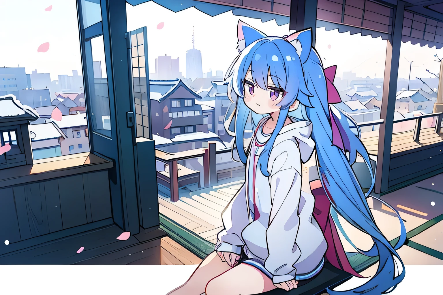 (masterpiece:1.2),Super detailed,lifelike,Expressive eyes,fair skin,perfect face shape,1 girl,
Japanese comics,Gorgeous blue hair,flowing blue hair,flowing clothes,Cat ears,Petals fall,beautiful lola,Baby Angel,sunrise,
Cross your legs,Gentle and peaceful background,The pavilion is cool and comfortable,smile, wearing hoodie, background of tokyo,back views,snowing, winter.