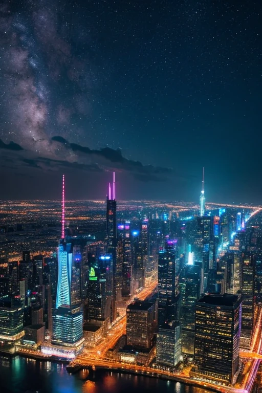 highest quality、Futuristic City、neon、Beautiful night view、colorful、Starry Sky、moon