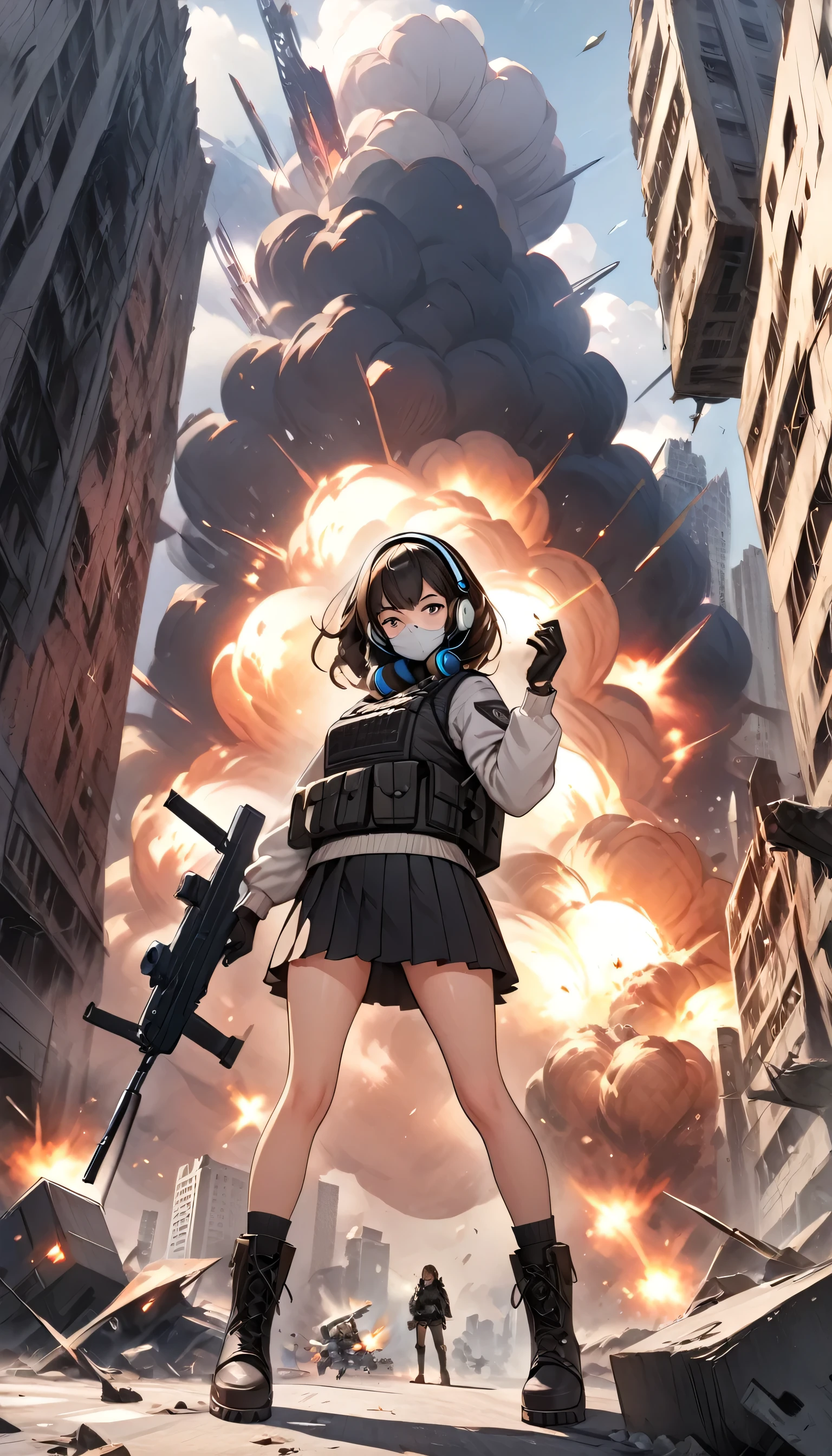 ((high quality)), ((masterpiece)), 8k, Two Girls, Bulletproof vest, light, Highly detailed CG Unity 8k wallpaper, Game CG, View your viewers, gloves, boots, whole body, clock, computer, mask, Drone, Have a weapon, Headphones, Jacket, (Background Destroyed city , explosion , cigarette