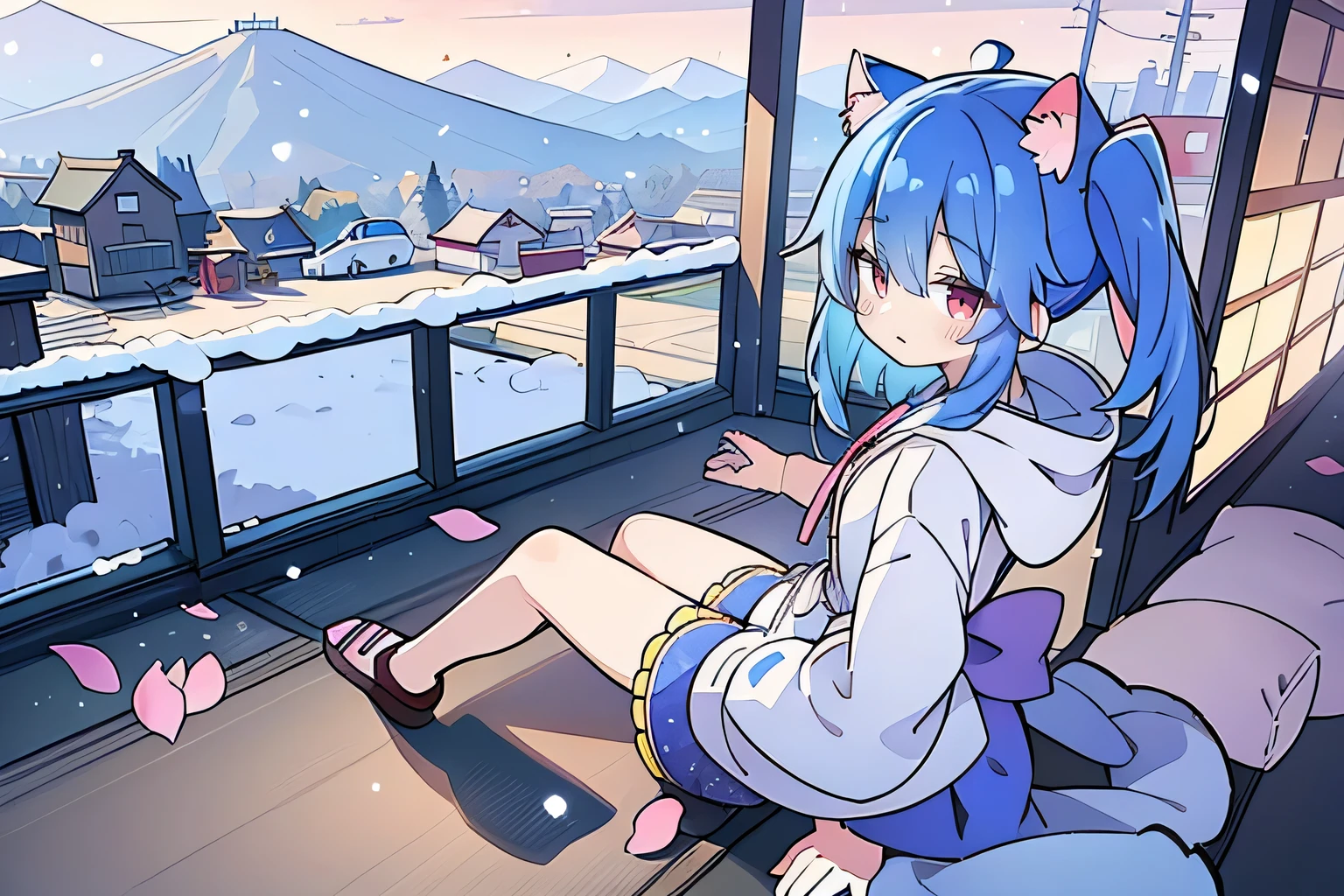 （masterpiece：1.2），Super detailed，lifelike，Expressive eyes，fair skin，perfect face shape，1 girl，
Japanese comics,Gorgeous blue hair,flowing blue hair,flowing clothes,Cat ears,Petals fall,beautiful lola,Baby Angel,sunrise,
Cross your legs，Gentle and peaceful background，The pavilion is cool and comfortable,smile, wearing hoodie, background of tokyo,back views,snowing, winter.