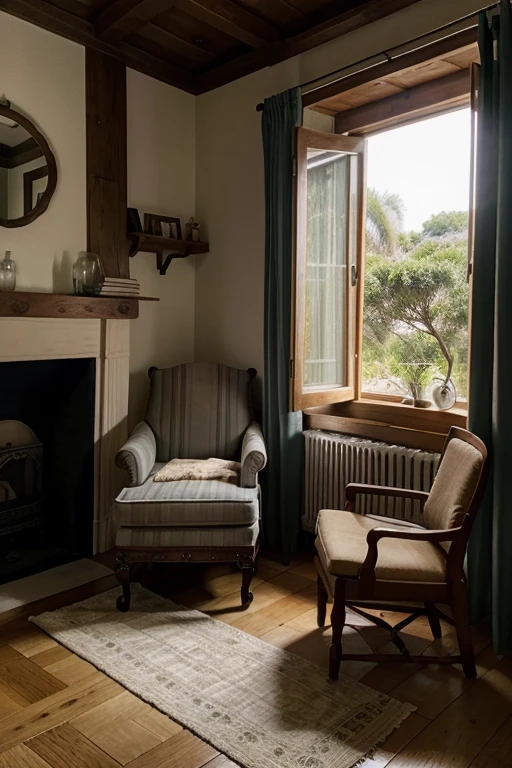 To the left, an old oak cabinet and two wooden and copper coat racks would face a small crapaud armchair covered in gray silk with fine stripes and a dressing table. Uma porta entreaberta, dando para um banheiro, would reveal thick bathrobes, swan neck copper taps, a large adjustable mirror, duas navalhas inglesas e seus estojos de couro verde, frascos, escovas de cabo de osso, esponjas. The walls of the room would be covered with cotton wool.; a cama estaria coberta com uma manta escocesa.