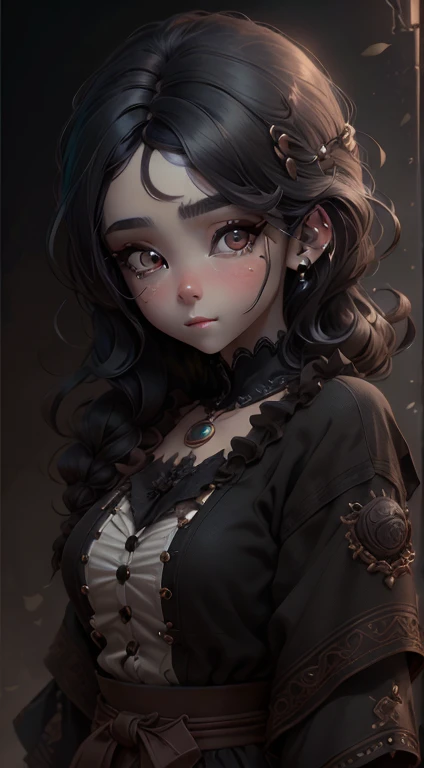 arafed woman in a black dress with a black bow tie, she has black PIxie cut hair with bangs, ana de armas as joan of arc, with haunted eyes and dark hair, melanie martinez, a still of an ethereal, portrait of ana de armas, black hair and large eyes, ana de armas portrait, black bangs, intense smoldering