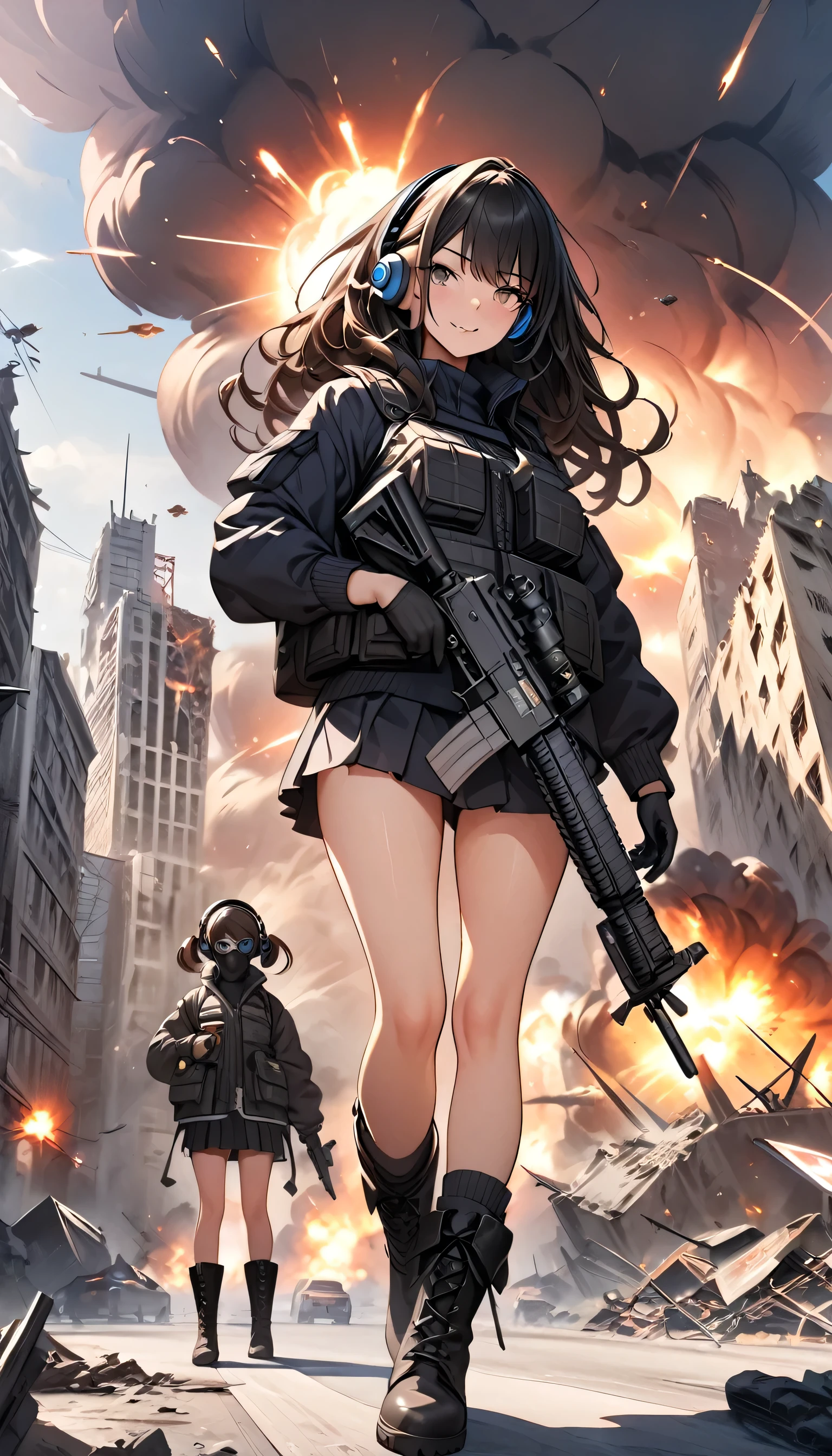 ((high quality)), ((masterpiece)), 8k, Two Girls, Bulletproof vest, light, Highly detailed CG Unity 8k wallpaper, Game CG, View your viewers, gloves, boots, whole body, clock, computer, mask, Drone, Have a weapon, Headphones, Jacket, (Background Destroyed city , explosion , cigarette
