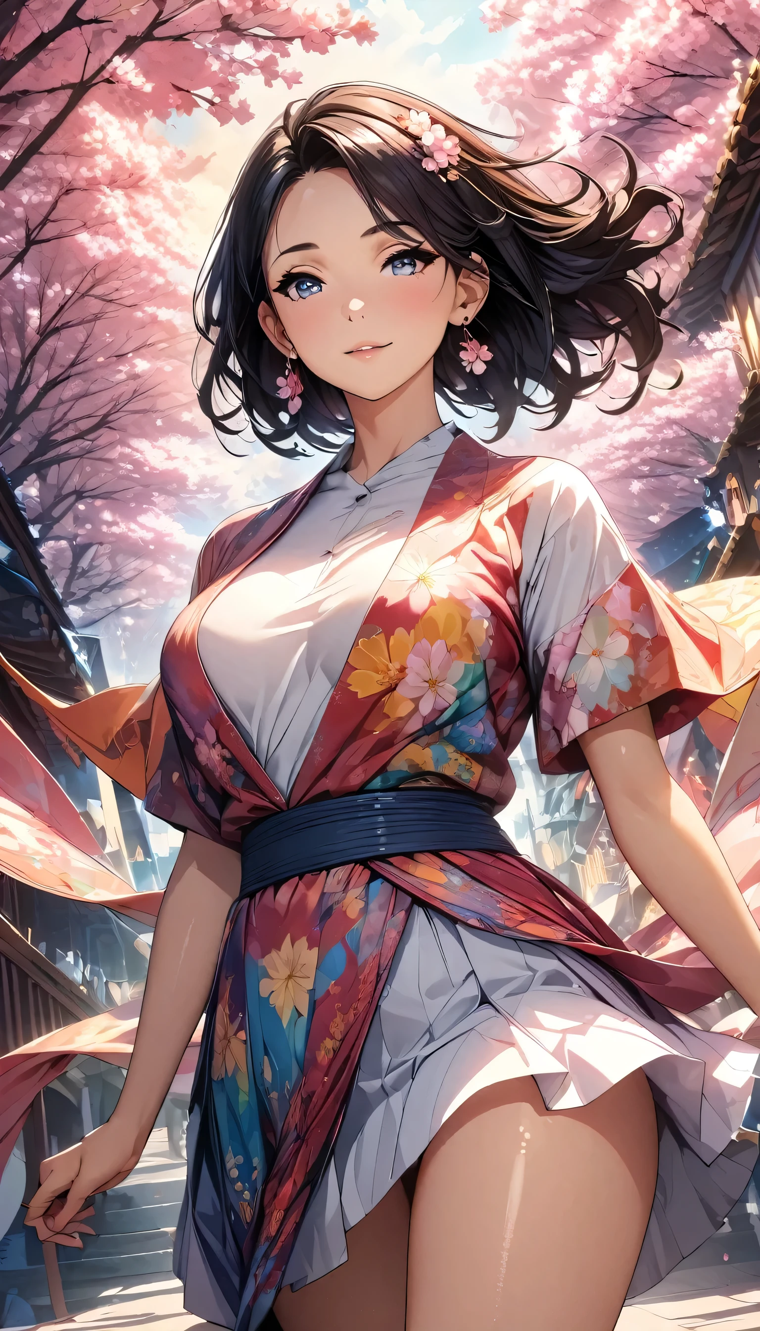 Anime Style, Ultra-fine illustrations, Very detailedな, Dynamic Angle, Beautiful details, 8k, On a Spring Night, Cherry blossom tree illuminated by city lights々is quietly shining. Break A woman stops, I was fascinated by the beautiful scenery, Watching the cherry blossoms fluttering down. Her expression is、It speaks of the coming of spring and a heartfelt admiration for the beauty of cherry blossoms.. masterpiece, highest quality, highest quality, Official Art, beautifully、Aesthetically beautiful:1.2), (1 girl, mature:1.3, Older:1.3), Very detailed,(Fractal Art:1.1),(colorful:1.4)(Flowers:1.3),Most detailed,(Tangled:1.2), (Dynamic pose), (Abstract background:1.3), (Shiny skin), (Many colors:1.4),(Earrings:1.4),