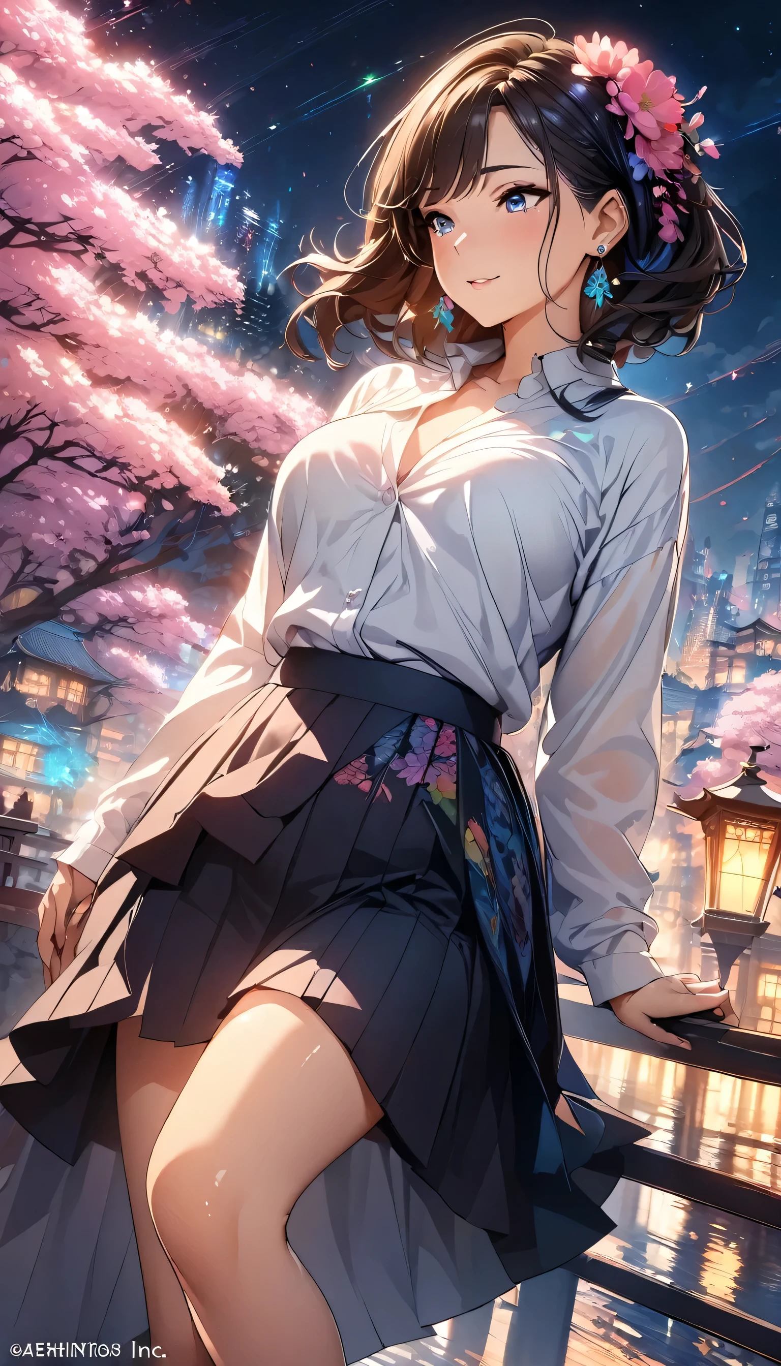 Anime Style, Ultra-fine illustrations, Very detailedな, Dynamic Angle, Beautiful details, 8k, On a Spring Night, Cherry blossom tree illuminated by city lights々is quietly shining. Break A woman stops, I was fascinated by the beautiful scenery, Watching the cherry blossoms fluttering down. Her expression is、It speaks of the coming of spring and a heartfelt admiration for the beauty of cherry blossoms.. masterpiece, highest quality, highest quality, Official Art, beautifully、Aesthetically beautiful:1.2), (1 girl, mature:1.3, Older:1.3), Very detailed,(Fractal Art:1.1),(colorful:1.4)(Flowers:1.3),Most detailed,(Tangled:1.2), (Dynamic pose), (Abstract background:1.3), (Shiny skin), (Many colors:1.4),(Earrings:1.4),