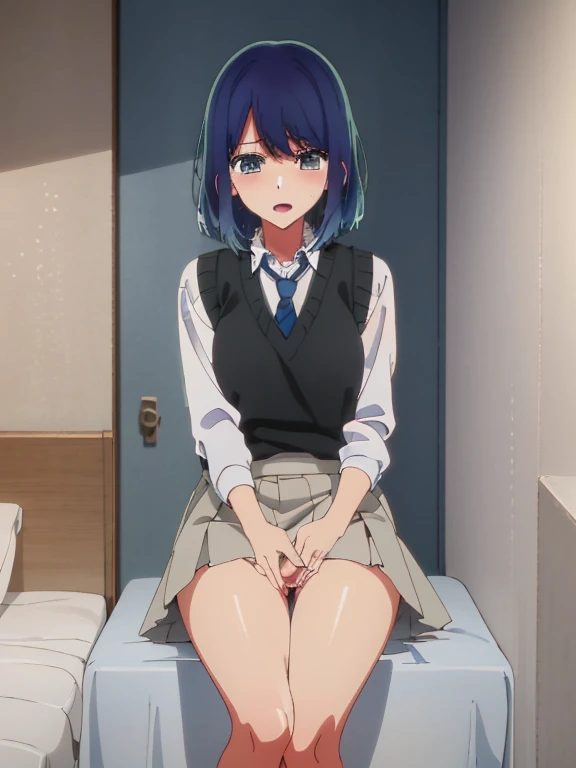 (( Masturbating by touching the vagina with your fingers)),Beautiful lighting, One Girl, solo, Akane, White shirt, (((skirt)))，Sweater vest, Black vest, Blue tie, ((Anime Style))、((2D))、Laughter、Open your mouth、Look forward，((Cotton panties with crotch))，(((skirtめくり, I can see your pants)))，squat，From below，blush，Embarrassing，skirtを持ち上げる，Spread your legs，(( Masturbating by touching the vagina with your fingers)), (( Masturbating by touching the vagina with your fingers)), (( Masturbating by touching the vagina with your fingers)), (( Masturbating by touching the vagina with your fingers)), (( Masturbating by touching the vagina with your fingers)), (( Masturbating by touching the vagina with your fingers)), (( Masturbating by touching the vagina with your fingers)),