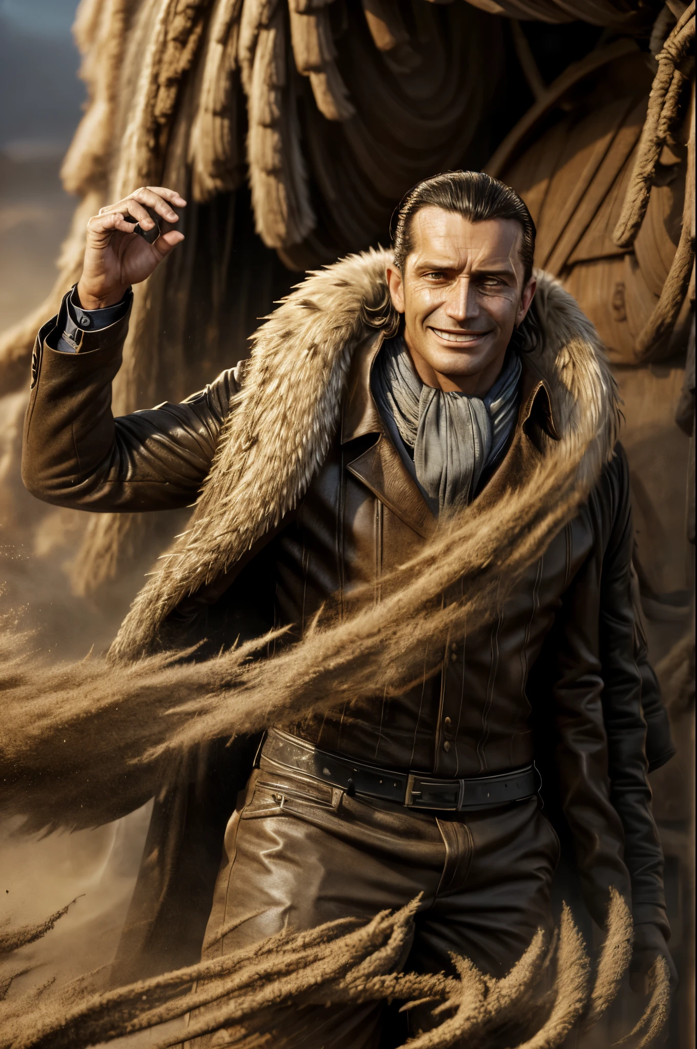 masterpiece, best quality, extremely detailed, hyperrealistic, photorealistic, a cool 40s man, ultra detailed face:1.2, fur-trimmed coat, scarf around the neck, sly smile:1.1, on ship, sandstorm, tornado, dynamic pose
