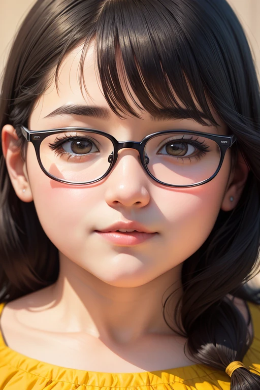 Masterpiece high quality high details realistic face ultra realistic face chubby round face girl with fat figure and medium dark black hair till shoulders wearing yellow dress with glasses