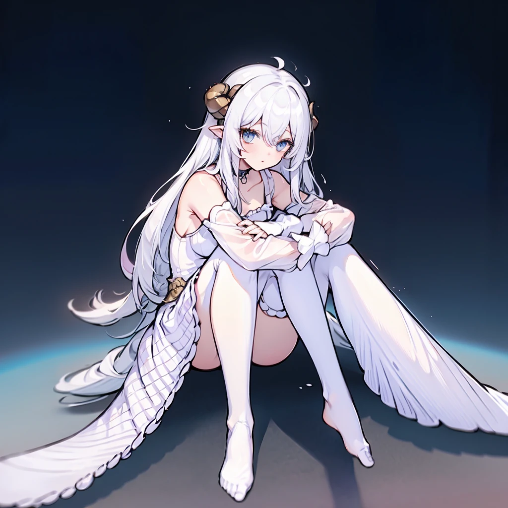 ((masterpiece)), ((bestquality)), 1 girl, solo, a 15-year-old girl, white hair, blue eyes, detailed face, dragonian_head, dragonian_body, dragonian_hairstyle, dragonian_horns, dragonian_tail, white tail, white long dress, black choker, silver circlet on head, close range, ((hugging own legs)), sitting, nice legs, perfect legs, ((white background))