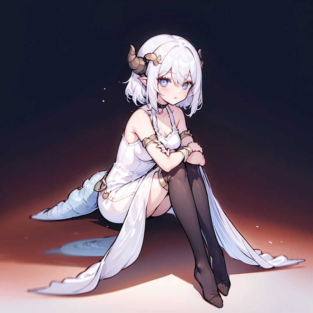 ((masterpiece)), ((bestquality)), 1 girl, solo, a -yeld gi white hair, blue eyes, detailed face, dragonian_head, dragonian_body, dragonian_hairstyle, dragonian_horns, dragonian_tail, white tail, white long dress, black choker, silver circlet on head, close range, ((hugging own legs)), sitting,  ((white background))