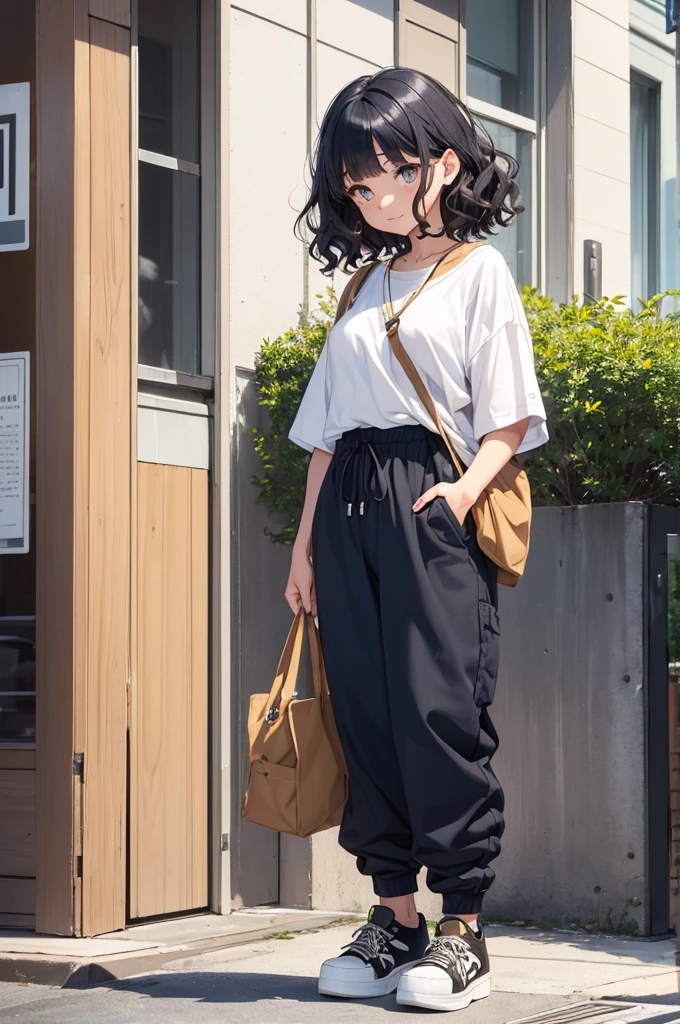 ({Mia},1girl,cute,,beautiful detailed face,(navy hair),(wavy short-hair),parallel eyebrows,navy eyes with large brown irises,mole on right cheek,blunt bangs,small nose,small mouth, fresh lips,small chin,small breall hip,(5feet tall)),
very happy,
very happy, BREAK Oversized organic cotton graphic tee, tapered recycled polyester joggers, cork platform sneakers, fair-trade canvas crossbody sustainable horn pendant necklace,downtown of tokyo,