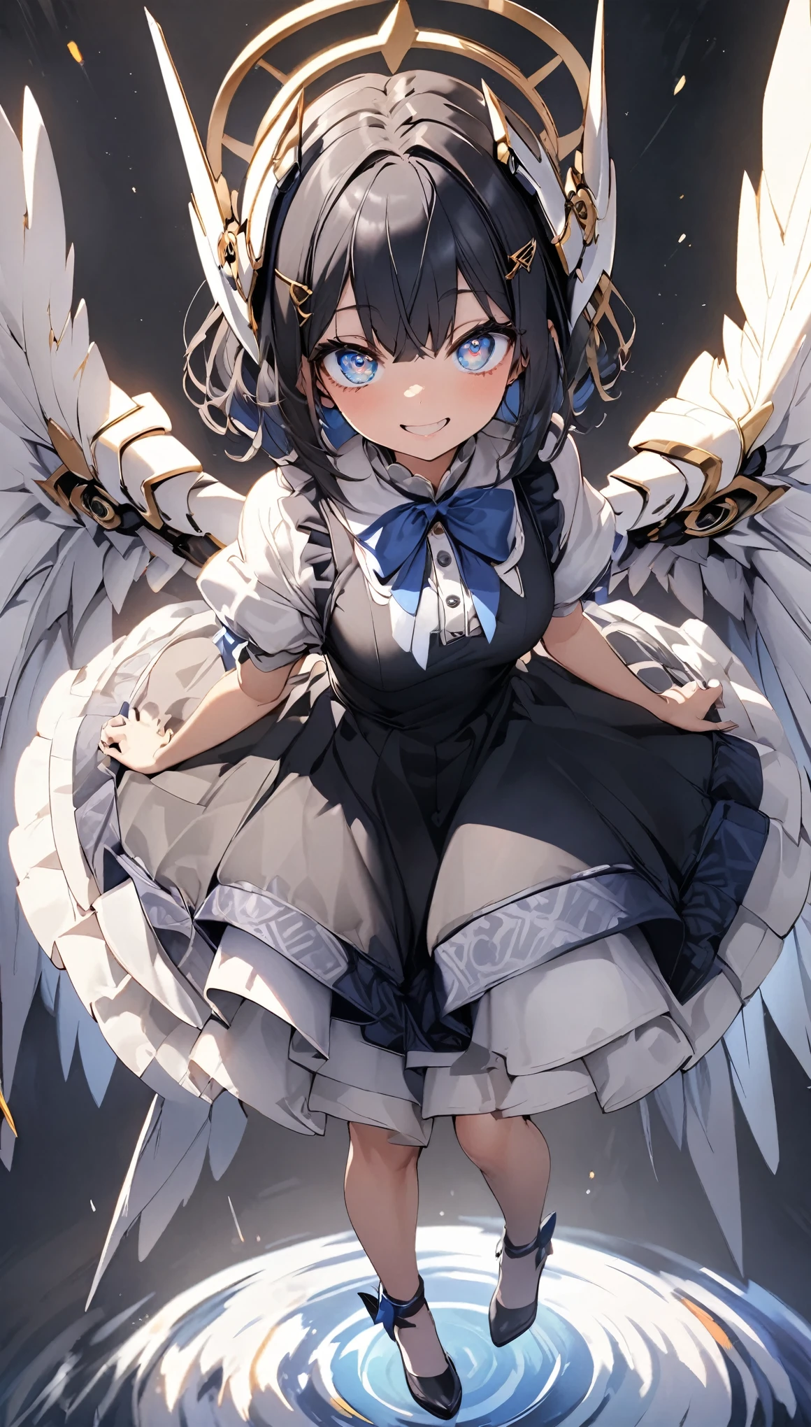 masterpiece, best quality, extremely detailed, high resolution, Japanese anime,1girl, cyan hair, (short length hair:1.5), wavy hair, mechanical wing, (blue eyes:1.5), (beautiful detailed eyes:1.4), laugh, 130cm tall, original character, fantasy, (black background:1.2), (full body:1.8), beautiful fingers, standing, (blue black White lace frill dress:1.5), (headgear:1.5) , shoot from front, looking at viewer