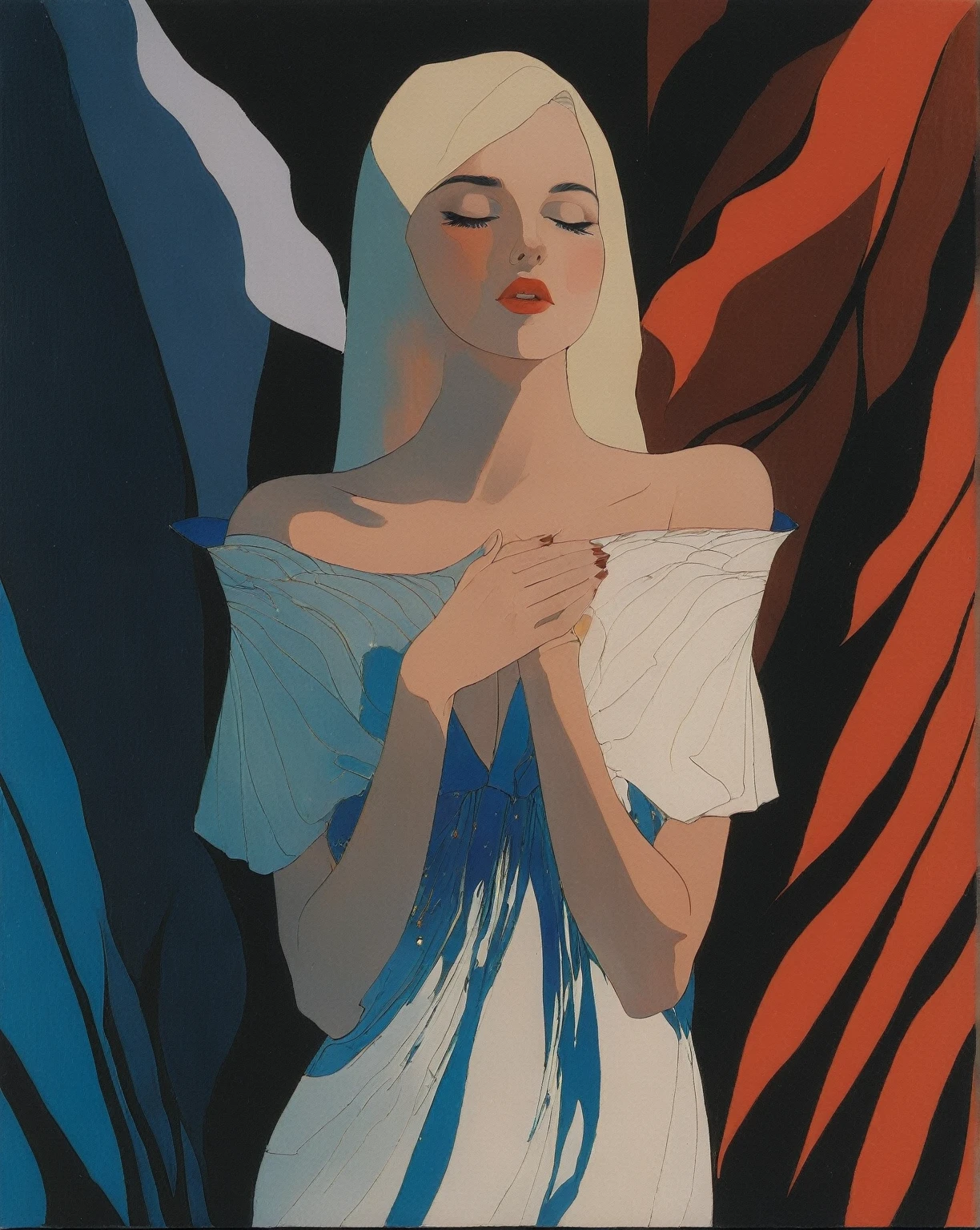 1 beautiful young woman,
cleavage
off shoulder oversized shirt
( 8k,  gradient art by Harry Clarke		Hayv Kahraman )