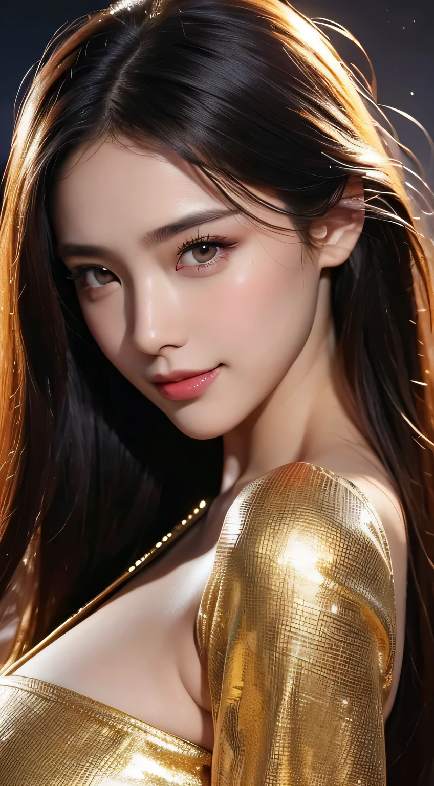 Kimono beauty, body portrait, 8k, thin and beautiful eyes, Dindal effect, masterpiece, top quality, high quality, high resolution, very detailed photo, (natural skin texture, fine skin, hyper realism, super sharpness) , high detail skin, (very fine, fine skin texture, intricate details, beautiful face, (real-like face), realistic eyes, beautifully detailed eyes, realistic skin, beautiful skin, surreal, Highly detailed, golden ratio, smiling eyes, ((night moonlight background)), body portrait, G cup, big breasts, huge breasts, big breasts, glamorous, shiny bodysuit