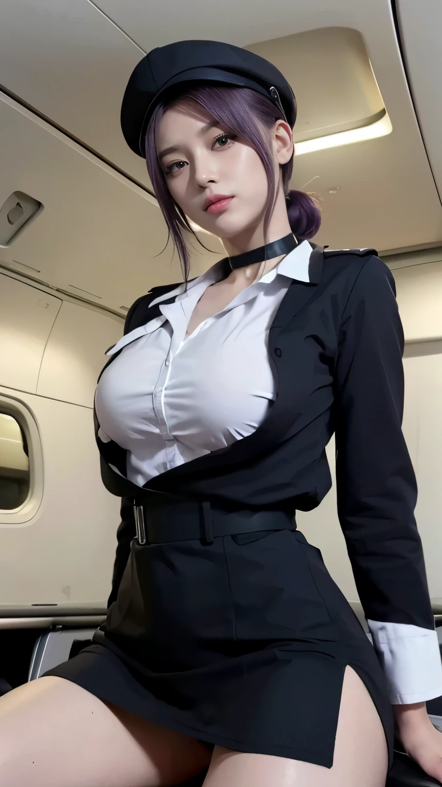 Highest quality、Ultra-high resolution、RAW Photos、((Shooting from below))、Professional Lighting、Detailed Background、Inside the plane、Inside the aircraft 、Facing forward、full body、Reze、Stewardess Hat、(女性用のflight attendantの制服:1.2)+(Black tight office skirt:1.1)、flight attendant、 CA、solo、25-year-old woman、(Dark purple hair、Short Hair、Hair tied behind the head)+(Green Eye)+(black ring choker)、、(Huge breasts that look like they might burst:1.1)、(Big thighs:1.0)、Laughter、Take a seat、(Open your legs a little to show your underwear)、White shorts、Photographed from directly in front