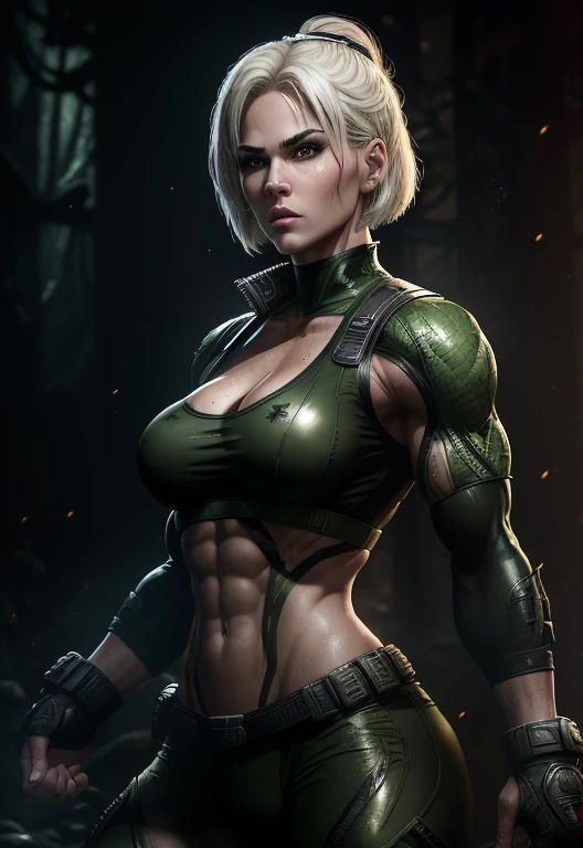 Sonya Blade Mortal Kombat, shiny sexy sweatybeautiful body, wearing jacket and tight latex camo shorts atmosphere of darkness and horror, realism, modular, uhd image, cute eyes, intricate, highly detailed, breathtaking beauty, vibrant, comprehensive cinematic, 8k, cinematic lighting, best quality, highres, Full body portrait three-quarter angle. (((of the highest quality: 1.4))),(unparalleled masterpiece ever), (Ultra high definition),(Ultra realistic 8K CG), (((adult body))), (((1girl in))), ((( Sonya Blade ))), 25-year-old American soldier with perfect body,,Beautiful and well-groomed face,muscular body:1.2,Detailed camouflage jacket, Sonya Blade is standing, (Image from head to thigh),(( White Blonde Bob Shorthair )),, Simon Bisley's urban savage style,Detailed forest background, shiny sweaty Clean abs, Complex equipment, dark green with white stars and gray and white stripes