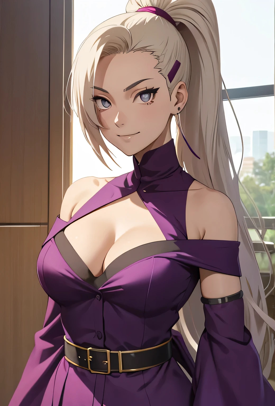 Ino yamanaka， komono， nevando， sitted，Purple clothes，Off-the-shoulder attire，cleavage，ssmile，Be red in the face，inside in room，Close-up close-up，with a good figure