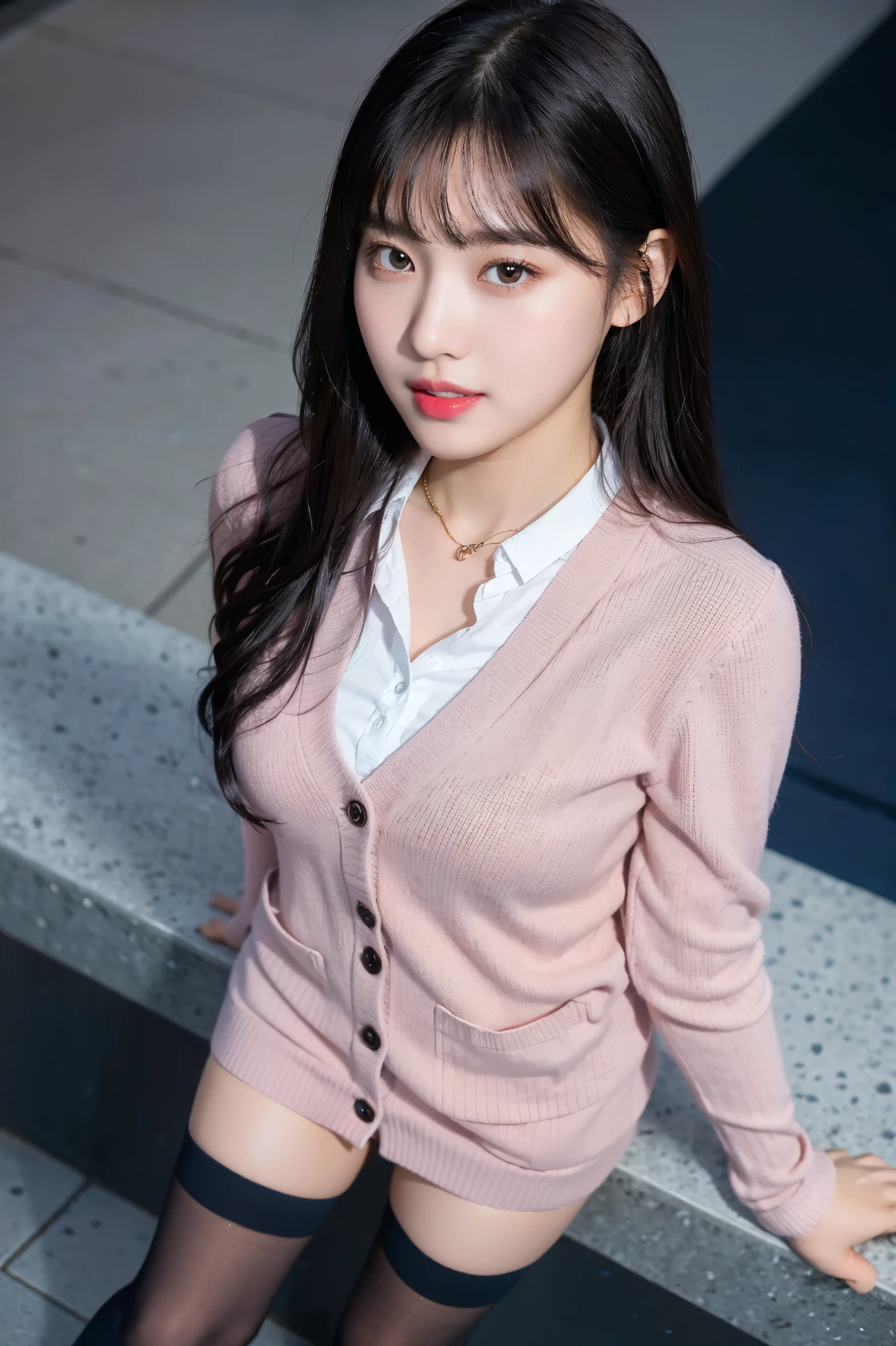 (8k), (highest quality: 1.2), (Realistic), (Realistic: 1.37), Ultra-high resolution, (1 girl, cute, smile, Mouth closed, Thick lips,Red lips,Beautiful details, Beautiful Nose, (Straight black hair), Giant Dulcefo, Self Snap,(school uniform),(Pink Cardigan),White shirt,tie,Check Pleated Skirt,(Blue knee-high socks),Standing in the city at night, From above,Face close-up,Thin Necklace,(Medium Shot:1.2),