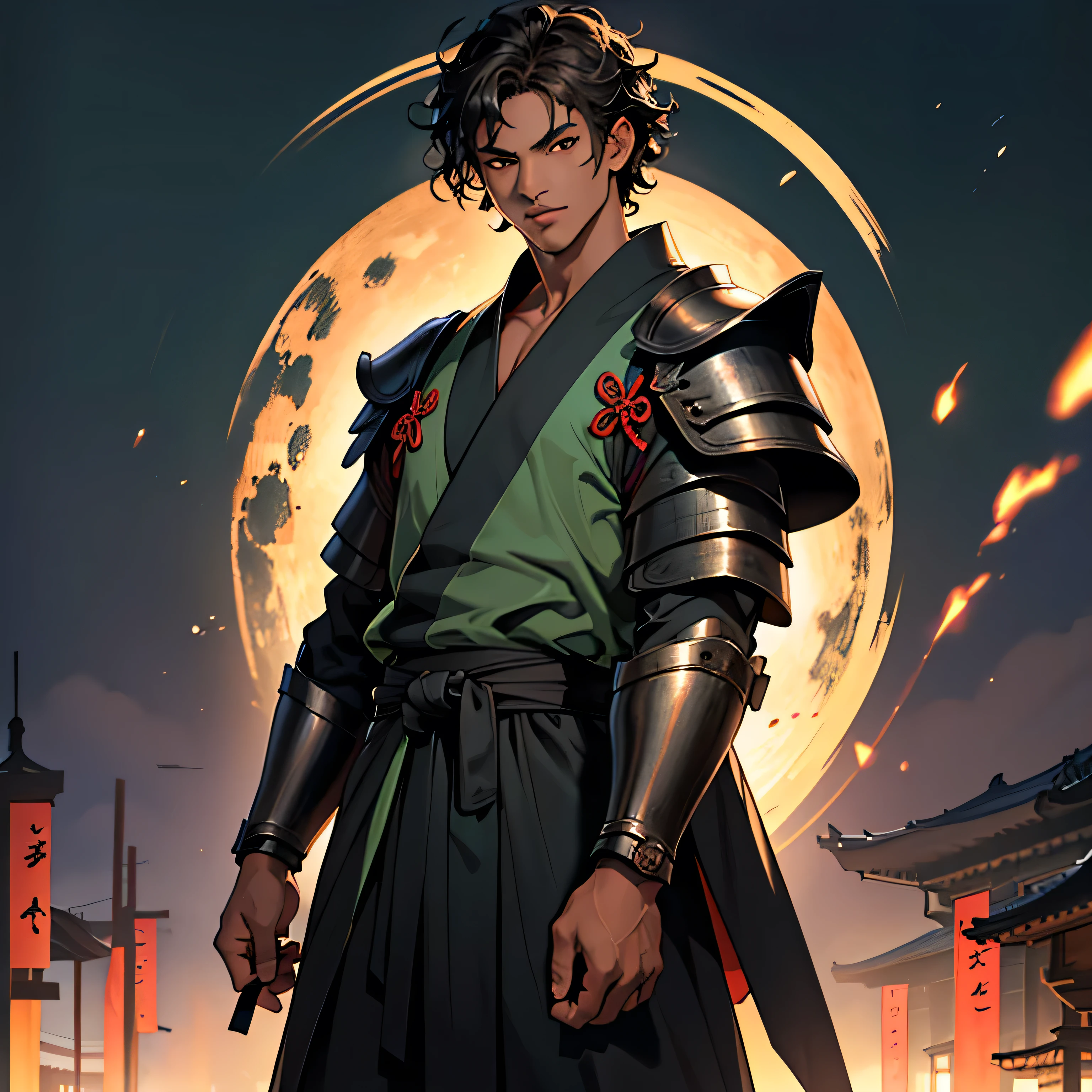 black short hair, dark skin male, Curly hair, bright brown eyes, Eye reflection, samurai armor and dark green yukata, ager, Palacio Ambience, Beautiful appearance, Anatomically accurate., Masterpiece, super detaill, High Quality, Best Quality, 8K, one man's masterpiece,Background with:In front of an ancient Roman fountain, waterdrops, tentacles