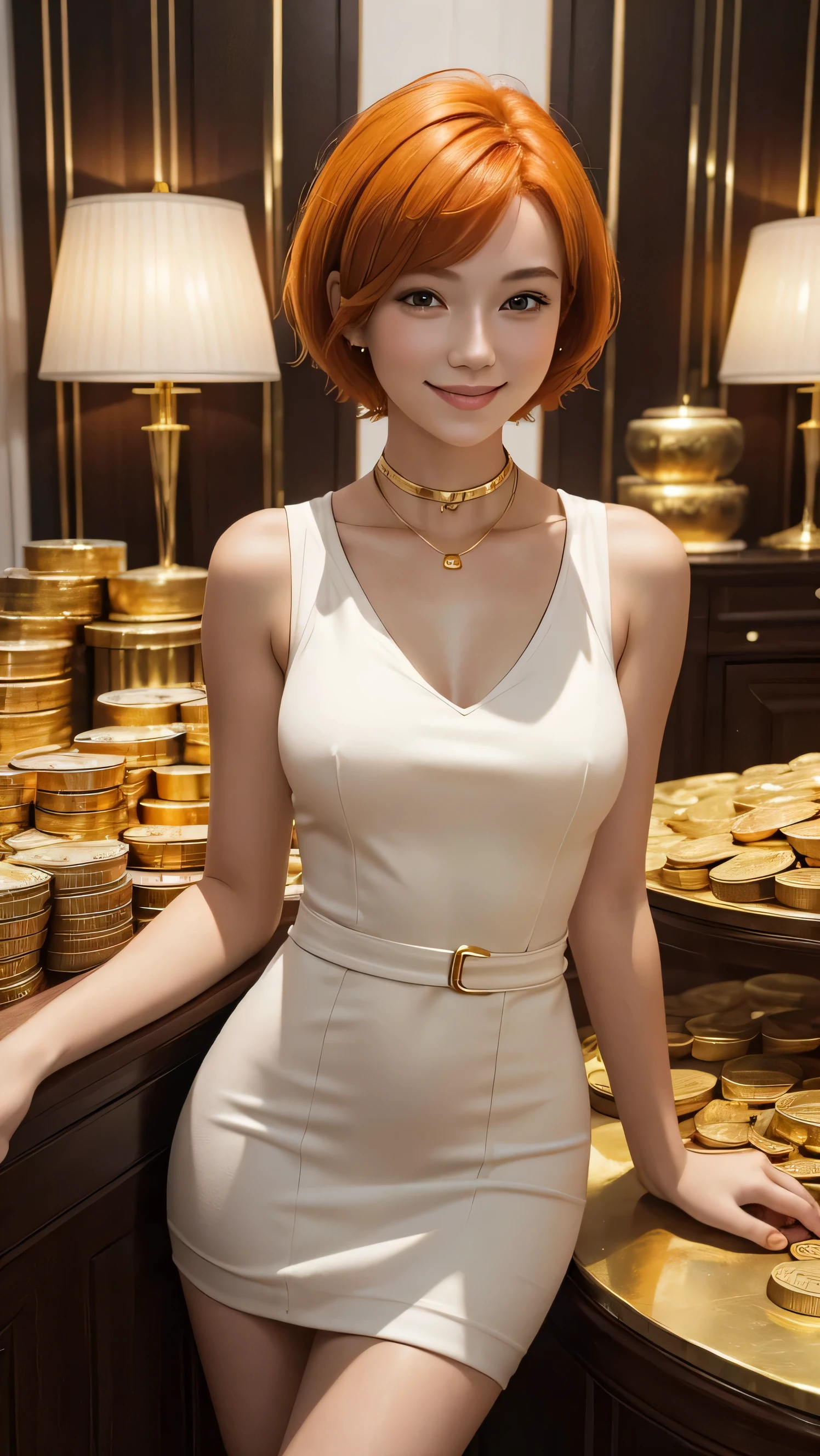 masterpiece, highest quality,18 year old young woman,Orange Hair ,short hair,alone, nice, Realistic,smile,Look forward, surrounded by piles of gold coins,Luxury House,gorgeous,Lady,Sleeveless white mini dress