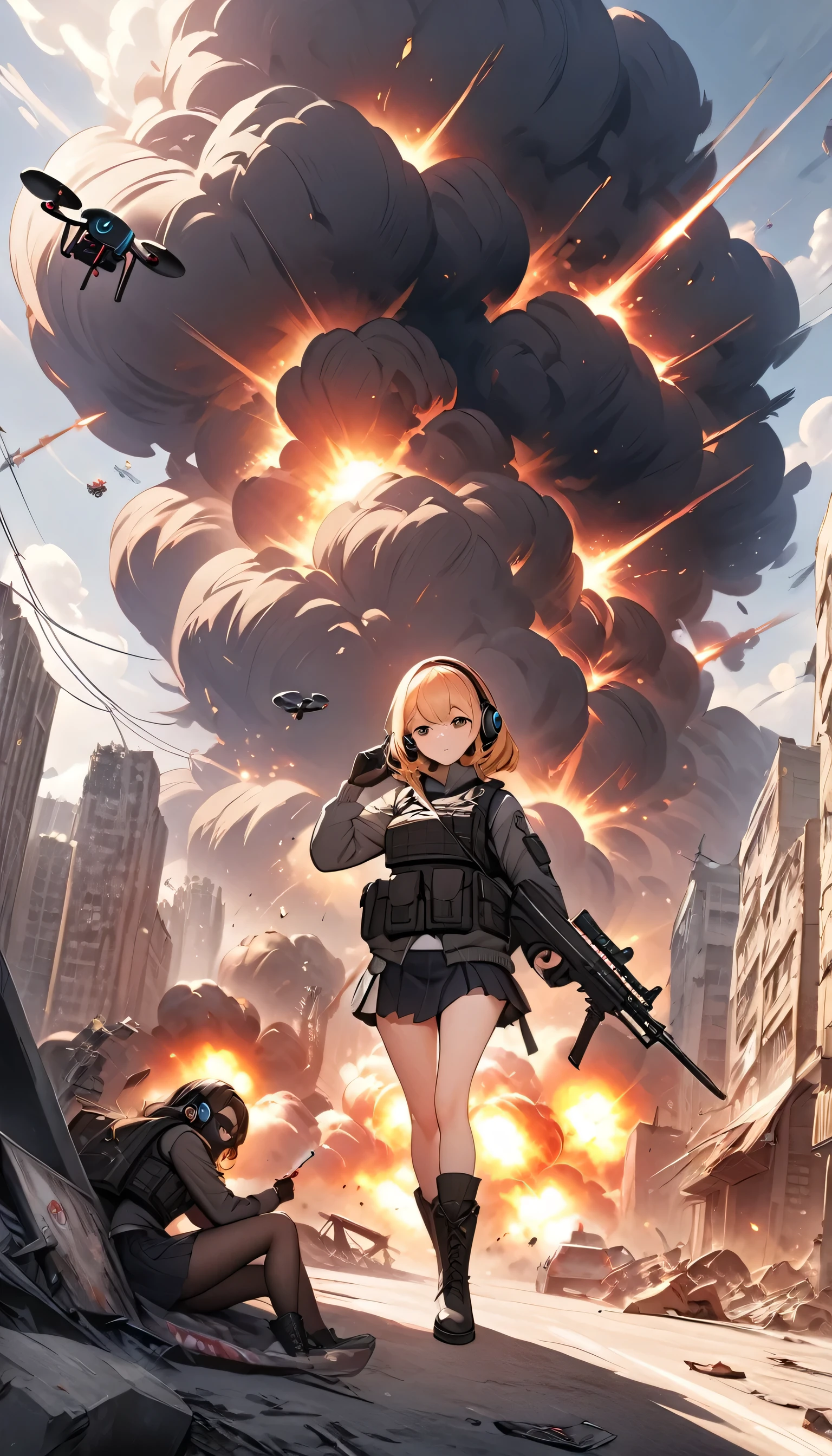 ((high quality)), ((masterpiece)), 8k, Two Girls, Bulletproof vest, light, Highly detailed CG Unity 8k wallpaper, Game CG, View your viewers, gloves, boots, whole body, clock, computer, mask, Drone, Have a weapon, Headphones, Jacket, (Background Destroyed city , explosion , cigarette