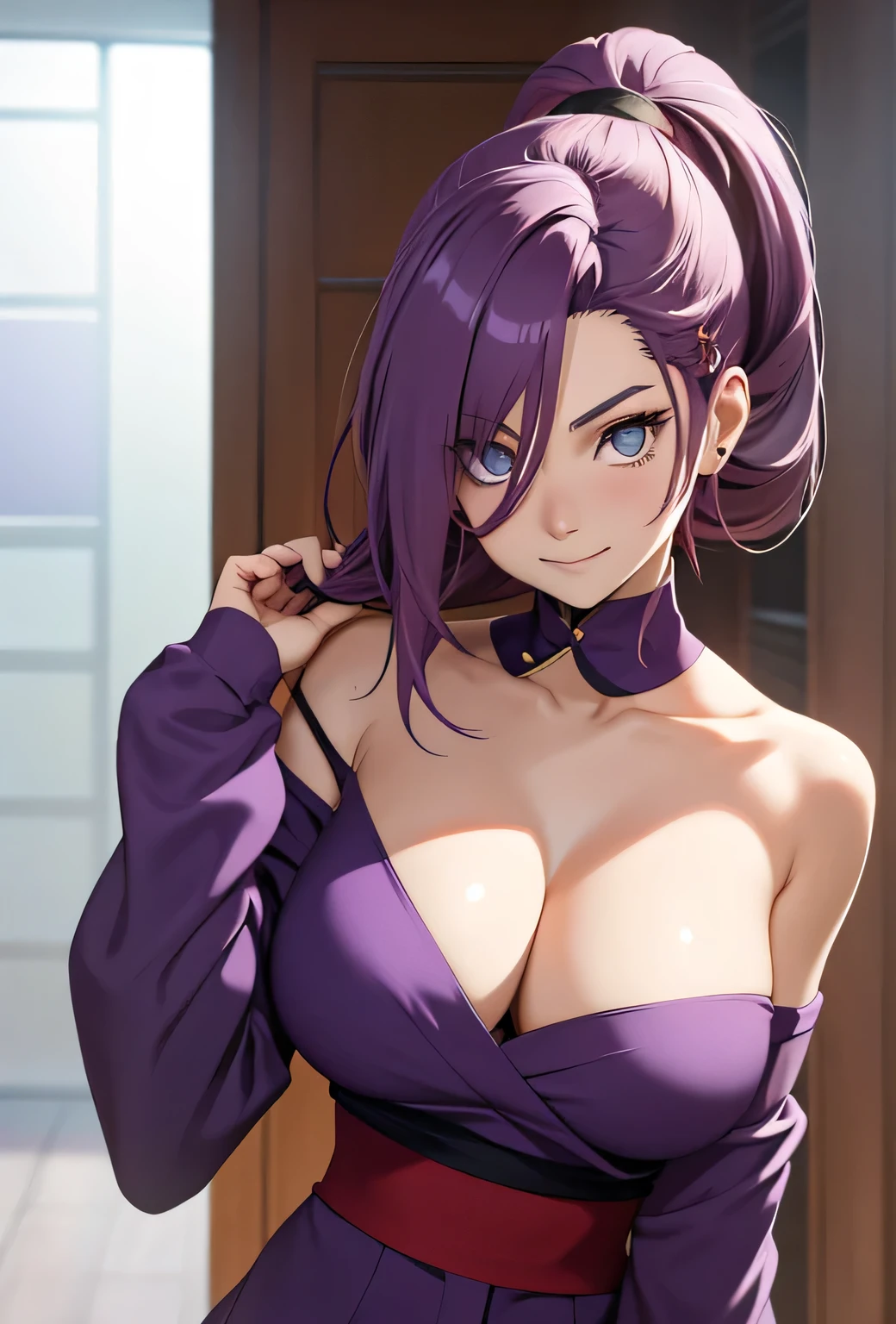 Ino yamanaka， komono， nevando， sitted，Purple clothes，Off-the-shoulder attire，cleavage，ssmile，Be red in the face，inside in room，Close-up close-up，with a good figure