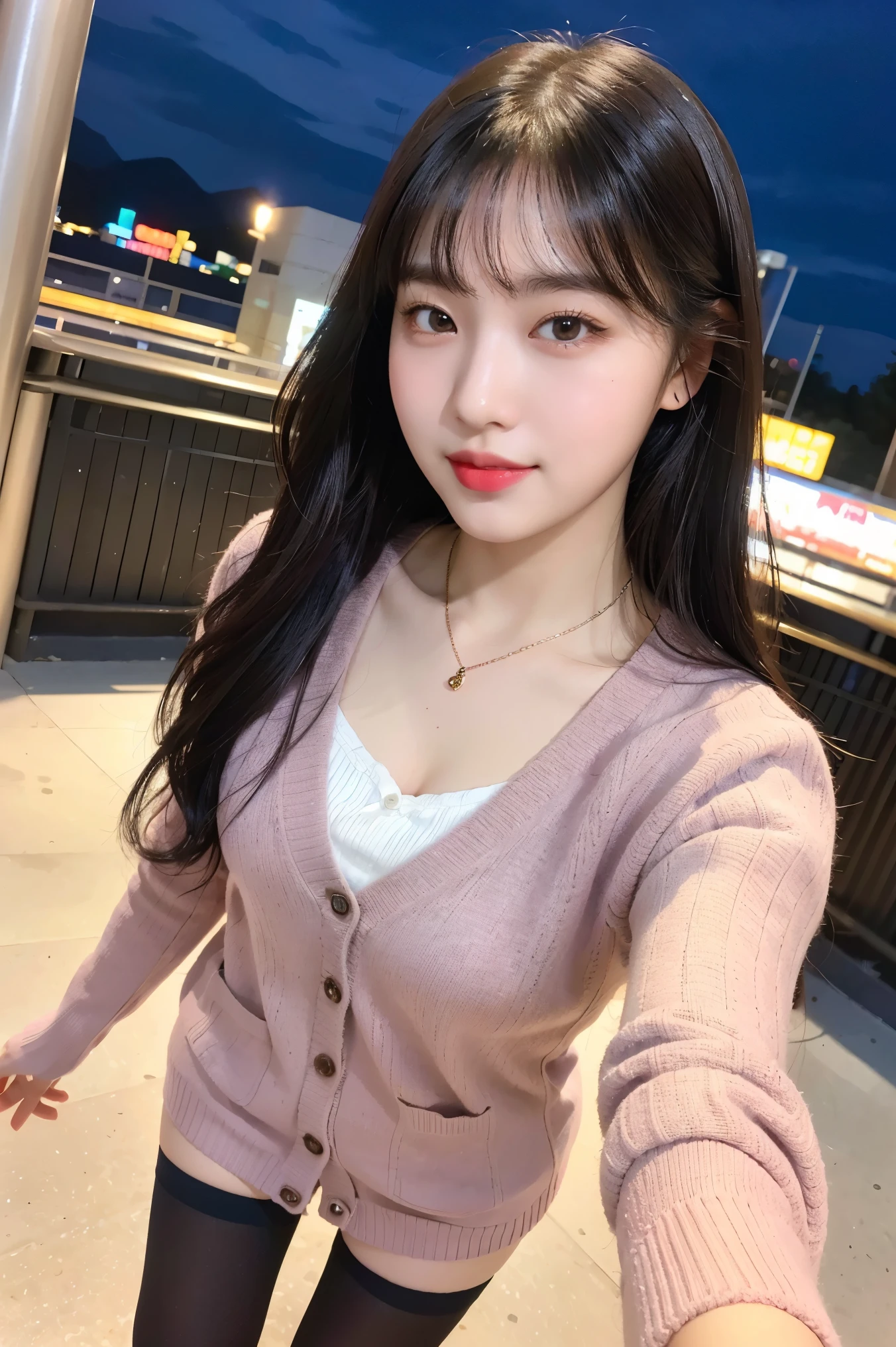 (8k), (highest quality: 1.2), (Realistic), (Realistic: 1.37), Ultra-high resolution, (1 girl, cute, smile, Mouth closed, Thick lips,Red lips,Beautiful details, Beautiful Nose, (Straight black hair), Giant Dulcefo, Self Snap,(school uniform),(Pink Cardigan),White shirt,tie,Check Pleated Skirt,(Blue knee-high socks),Standing in the city at night, From above,Face close-up,Thin Necklace,(Medium Shot:1.2),