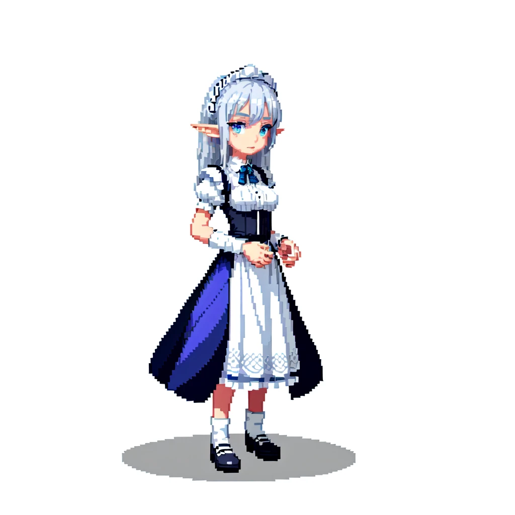 (masterpiece, top quality, best quality), pixel,pixel art,1girl,elf,silver hair,blue eyes,maid clothes,full body