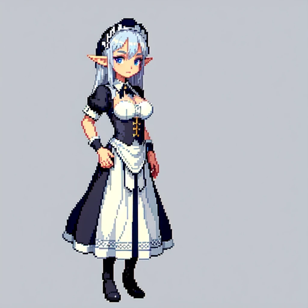 (masterpiece, top quality, best quality), pixel,pixel art,1girl,elf,silver hair,blue eyes,maid clothes,full body