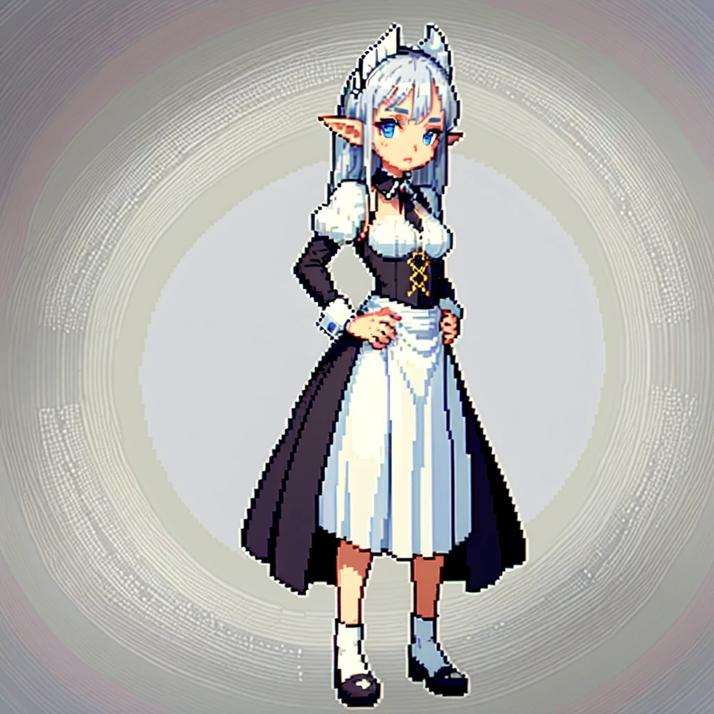 (masterpiece, top quality, best quality), pixel,pixel art,1girl,elf,silver hair,blue eyes,maid clothes,full body