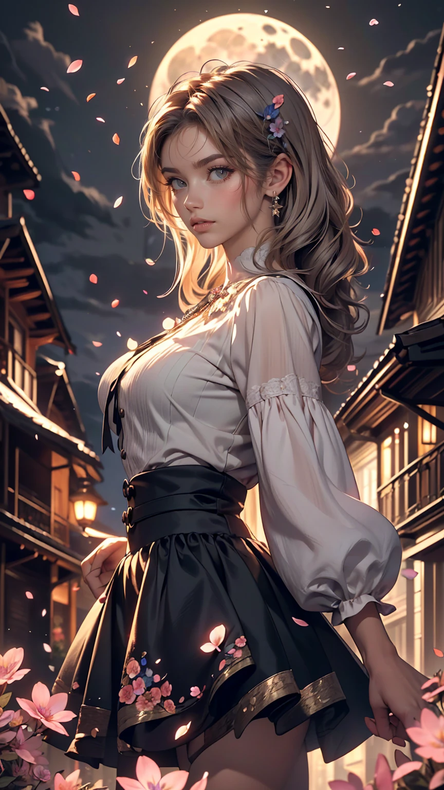 masterpiece, highest quality,, One girl, (colorful),(Beautifully detailed eyes and face),cinematic Lighting,Bust Shot,Highly detailed CG Unity 8k wallpaper,Gray Hair,alone,smile,Complex skirt,((Flying petals)),(Flowery meadow), null, cloudy_null, building, moonLight, moon, night, (Dark Theme:1.3), Light, Fantasy,