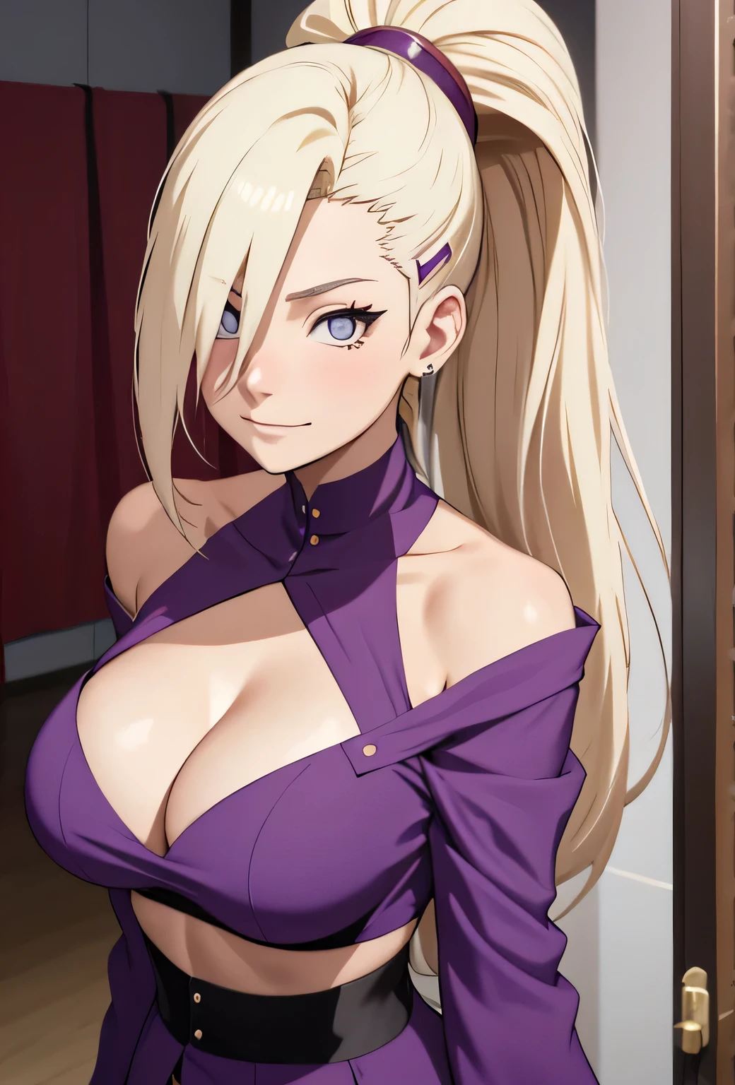 Ino yamanaka， komono， nevando， sitted，Purple clothes，Off-the-shoulder attire，cleavage，ssmile，Be red in the face，inside in room，Close-up close-up，with a good figure