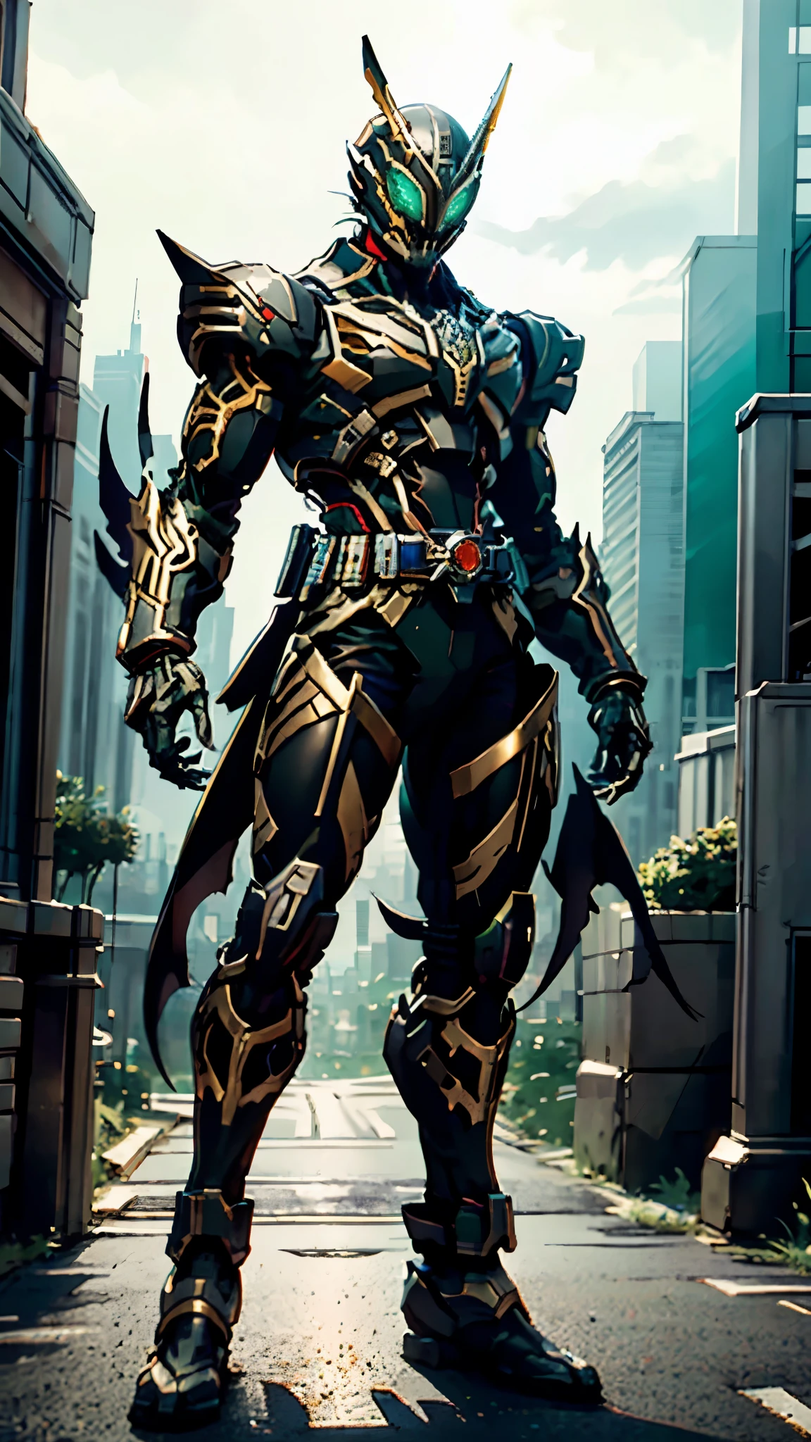 A man wearing a full-face helmet, a fantasy-style biotech armored combat suit, green eyes, (a composite layered chest armor), fully enclosed shoulder guards, matching arm and leg guards, the belt is adorned with fangs biting into orbs, (the color scheme is primarily black with red accents), the design balances heavy with agility, a high-tech bio-mecha armor, (Bat concept Armor, stand on the top of a skyscraper in a futuristic sci-fi city), this character embodies a finely crafted fantasy-surreal style armored hero in anime style, exquisite and mature manga art style, (element, plasma, energy, the armor glows), ((male:1.5)), metallic, real texture material, dramatic, high definition, best quality, highres, ultra-detailed, ultra-fine painting, extremely delicate, professional, perfect body proportions, golden ratio, anatomically correct, symmetrical face, extremely detailed eyes and face, high quality eyes, creativity, RAW photo, UHD, 32k, Natural light, cinematic lighting, masterpiece-anatomy-perfect, masterpiece:1.5